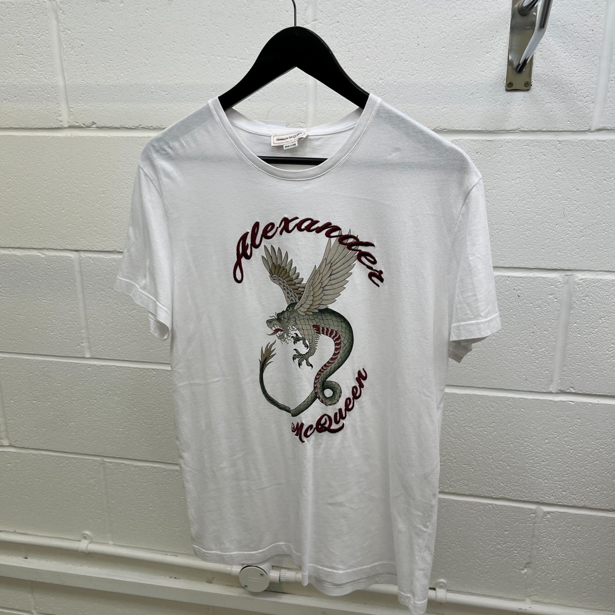 Men's Dragon Embroidered T-Shirt White Size M