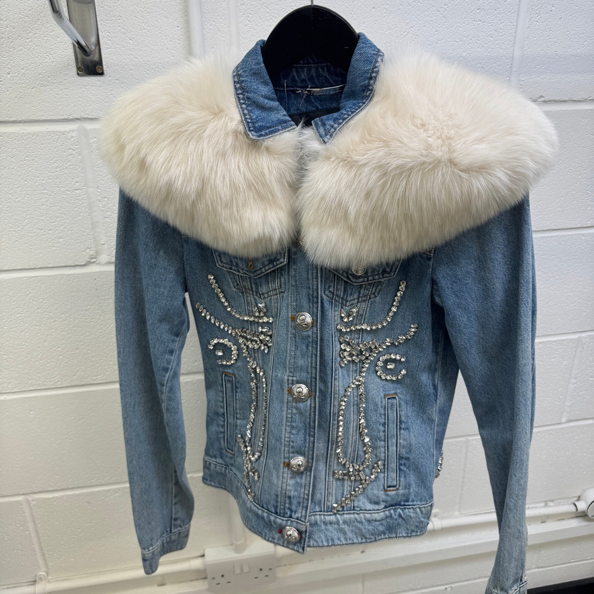 Women's Crystal Embellished Detachable Fur Collar Jacket Blue Size S