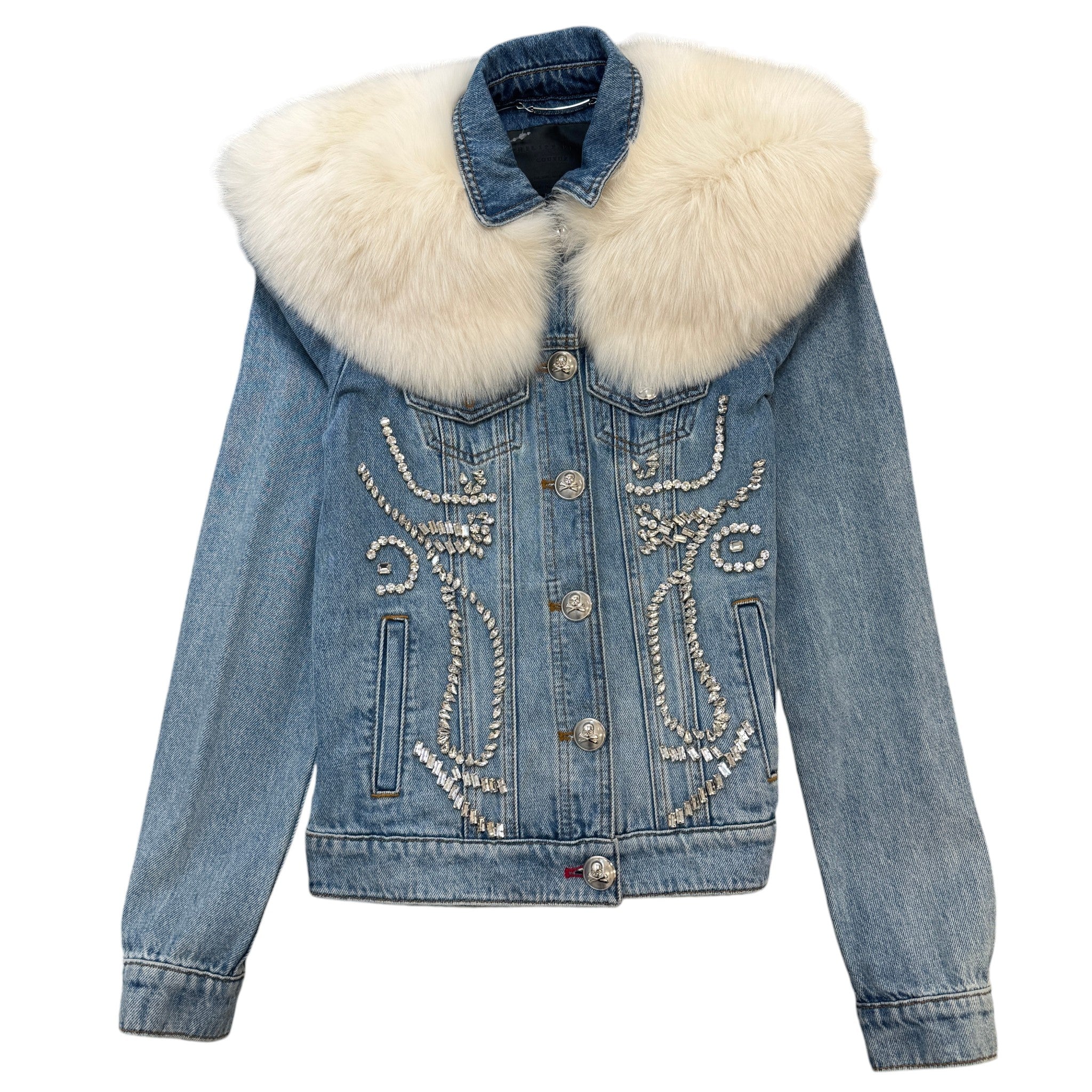 Women's Crystal Embellished Detachable Fur Collar Jacket Blue Size S