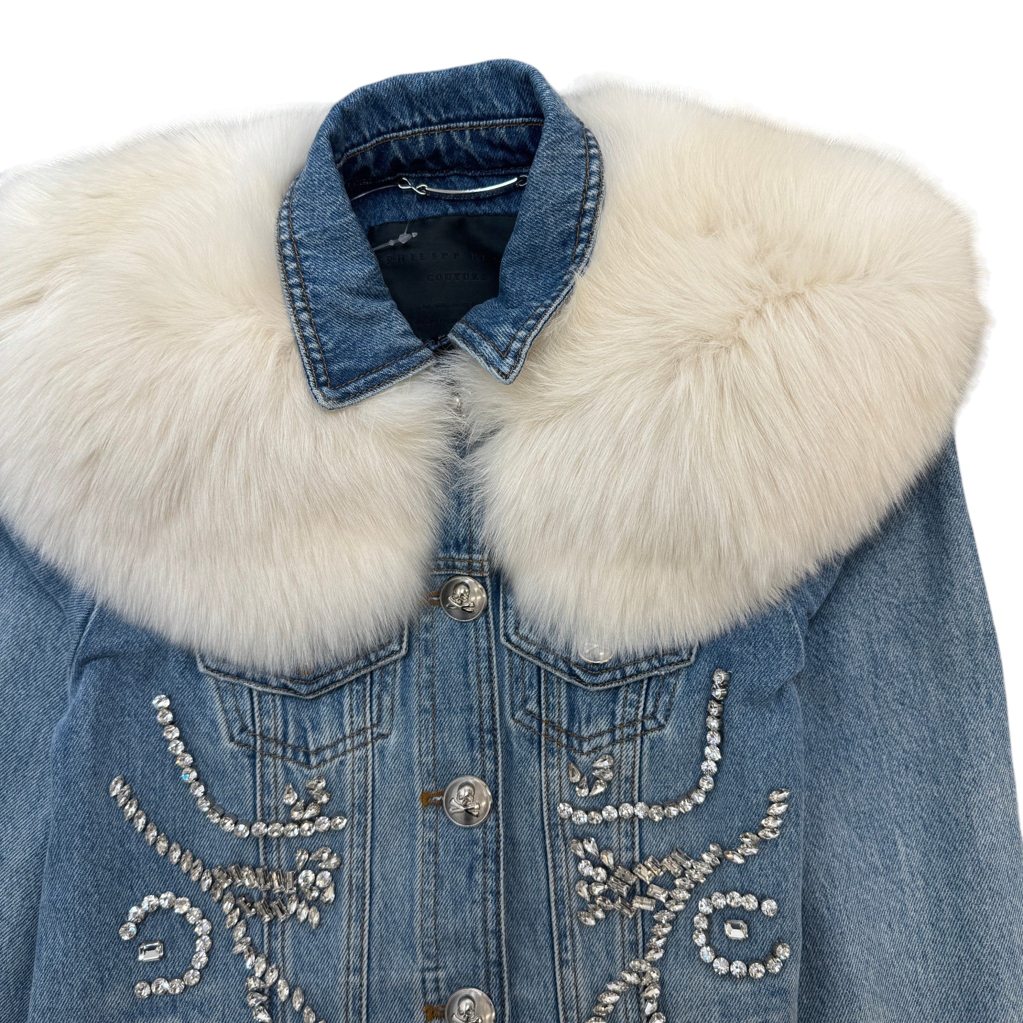 Women's Crystal Embellished Detachable Fur Collar Jacket Blue Size S