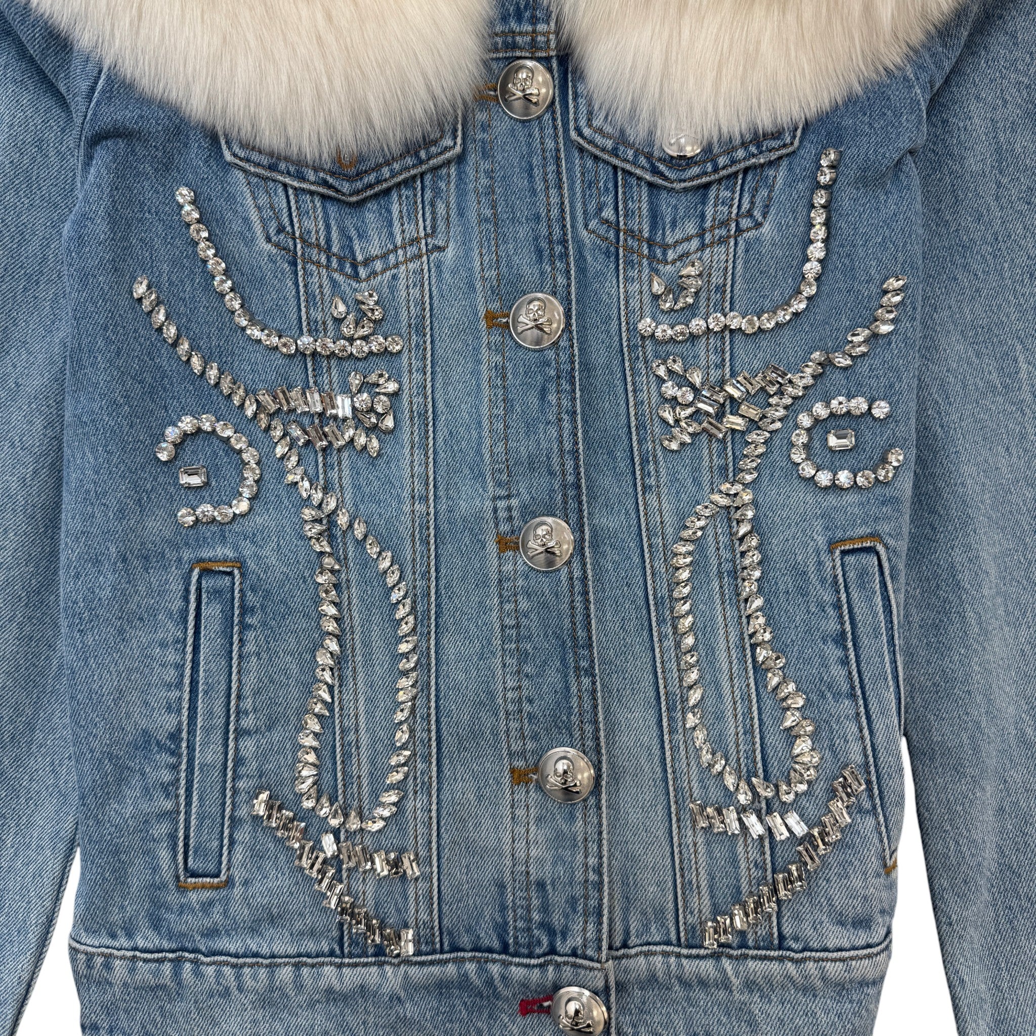 Women's Crystal Embellished Detachable Fur Collar Jacket Blue Size S