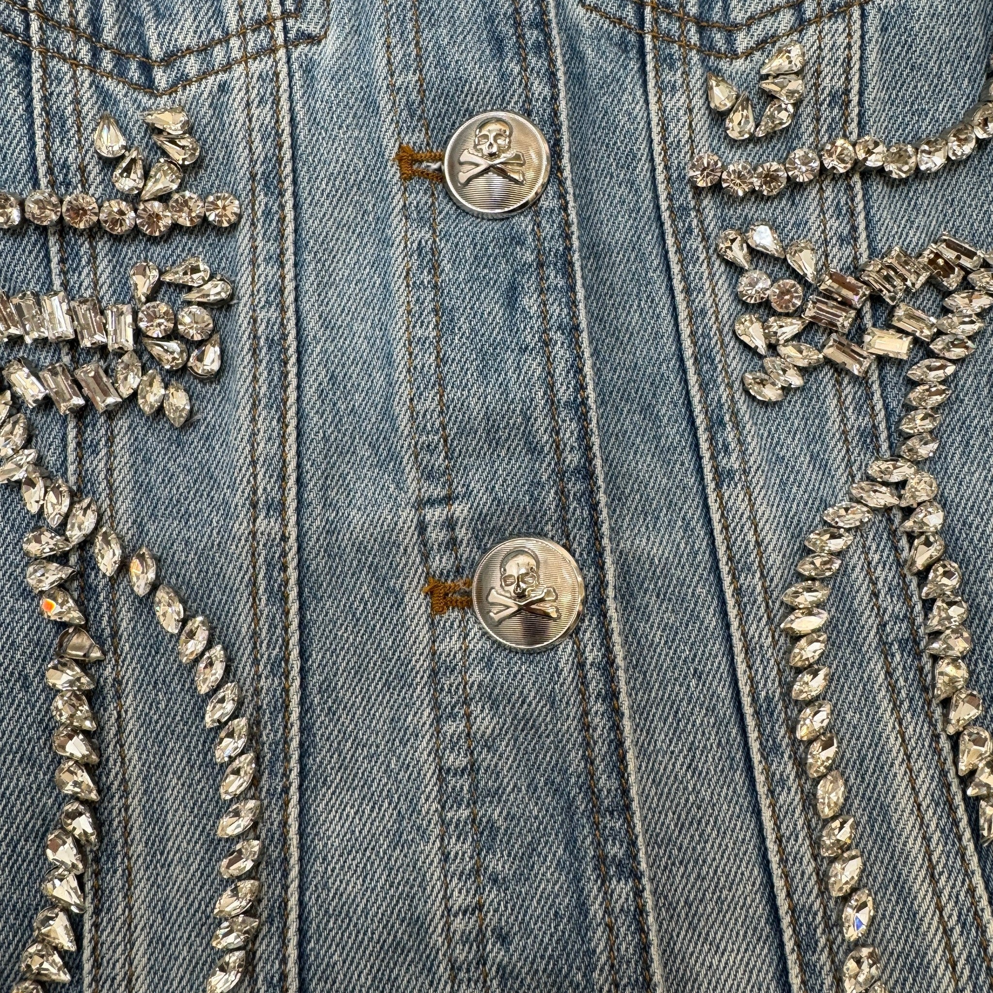 Women's Crystal Embellished Detachable Fur Collar Jacket Blue Size S