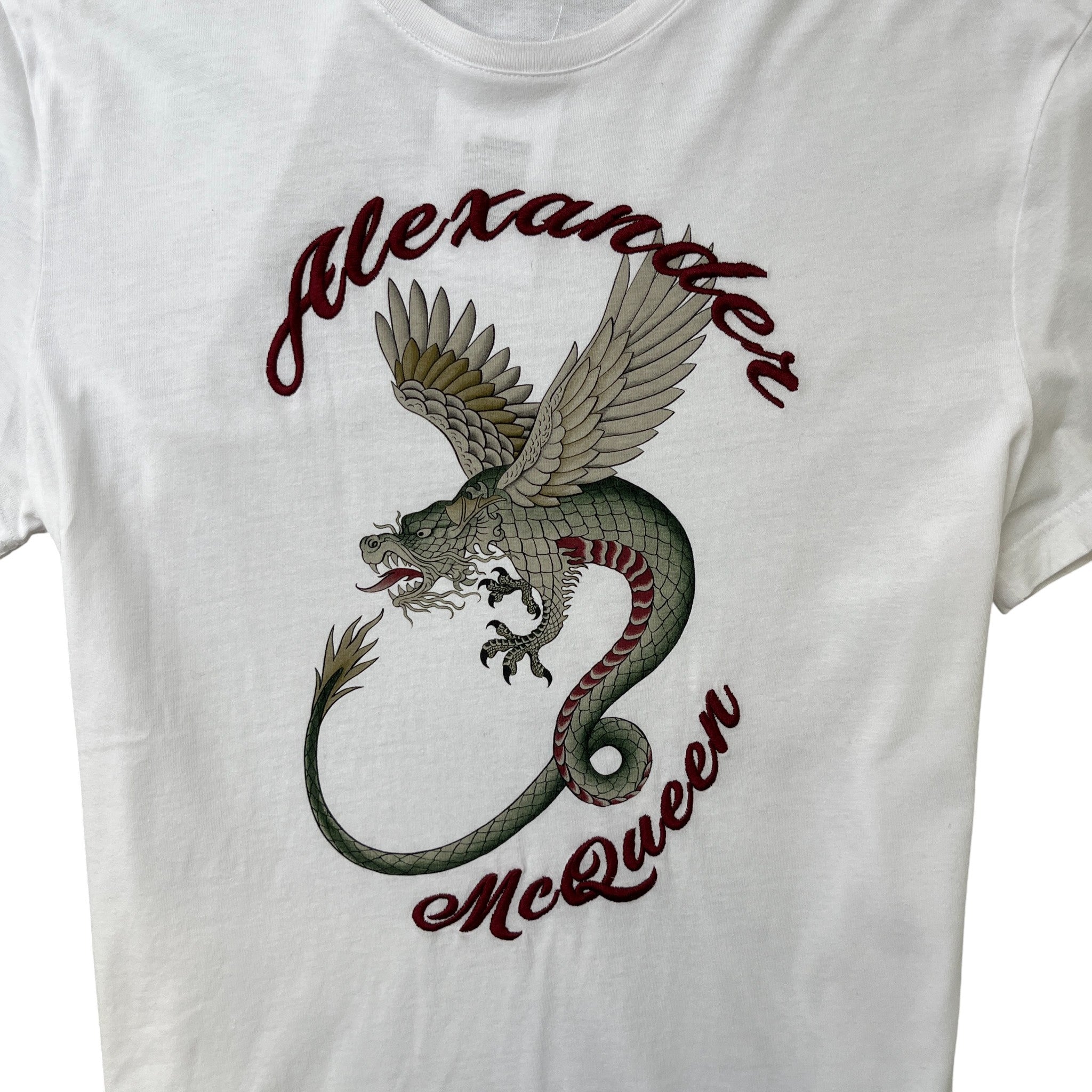 Men's Dragon Embroidered T-Shirt White Size M