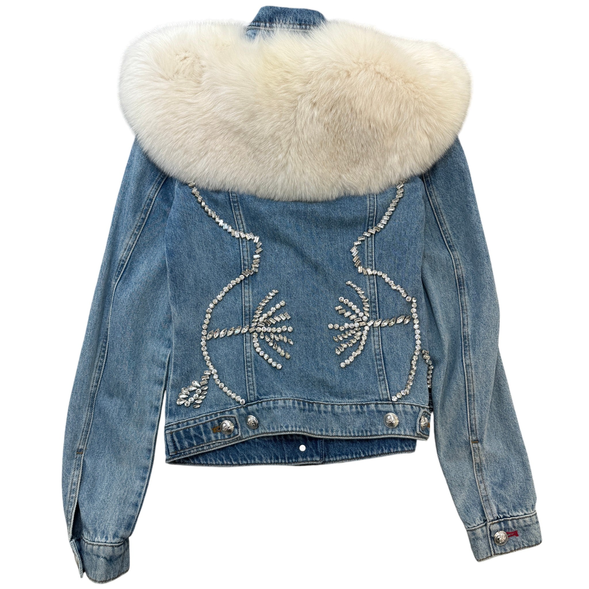 Women's Crystal Embellished Detachable Fur Collar Jacket Blue Size S