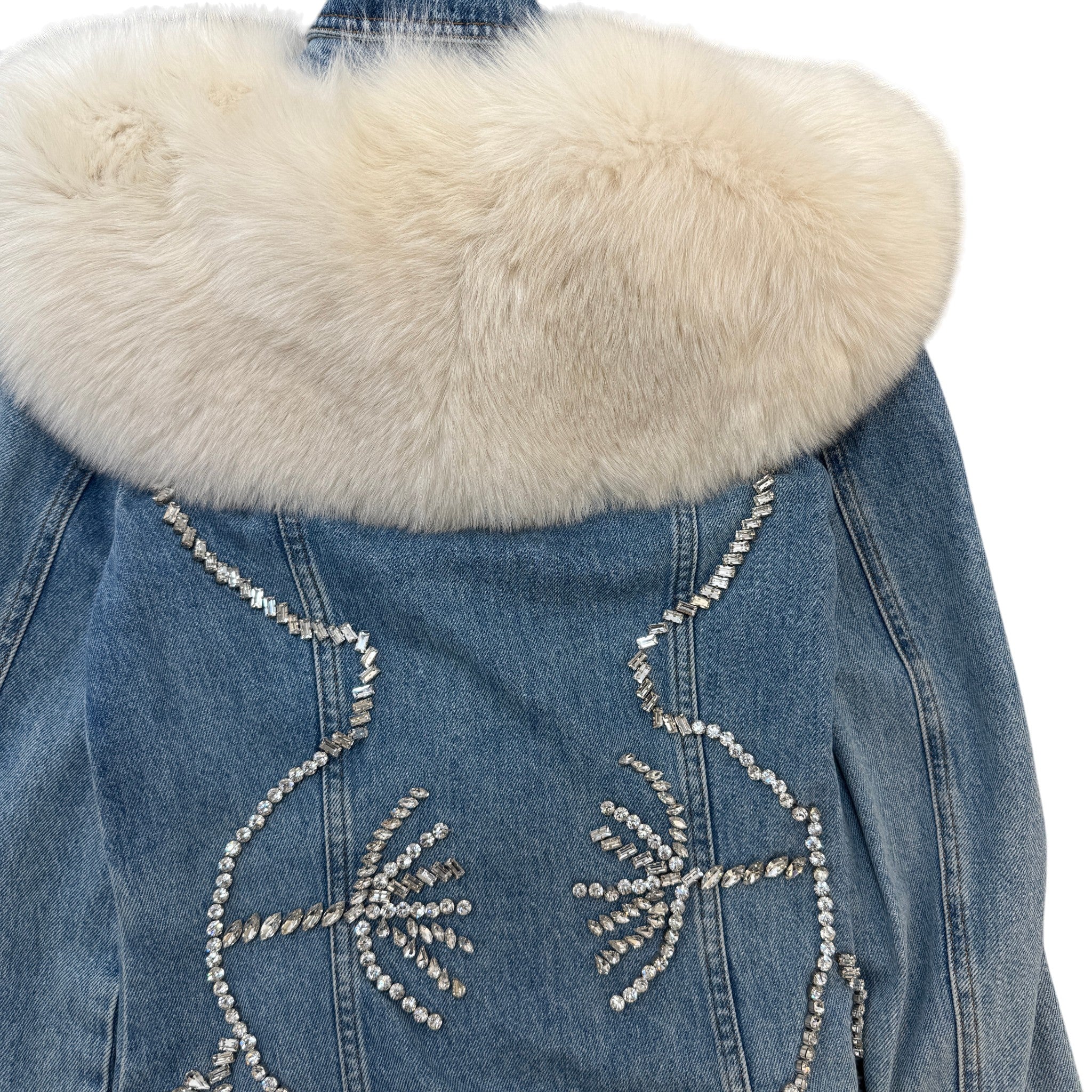 Women's Crystal Embellished Detachable Fur Collar Jacket Blue Size S