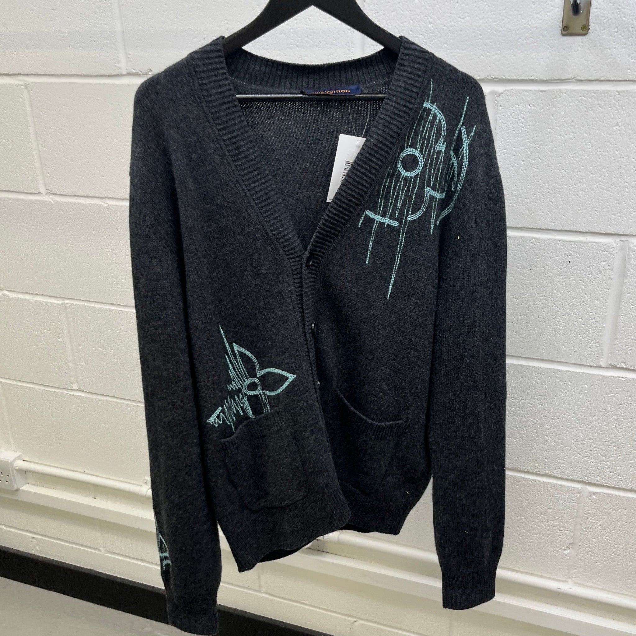 Men's Lv Frequency Embroidered Cardigan Grey Size M