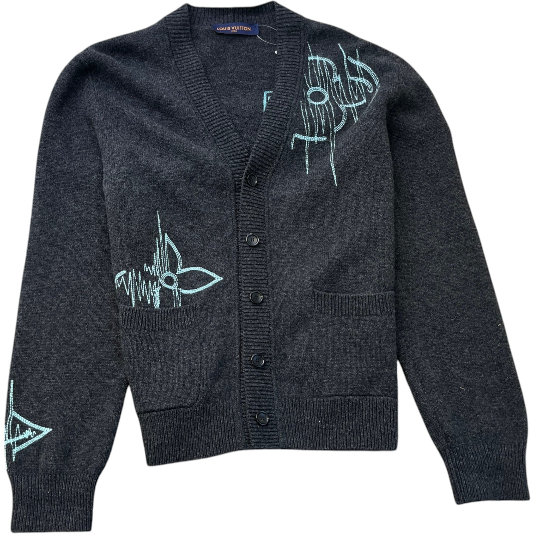 Men's Lv Frequency Embroidered Cardigan Grey Size M