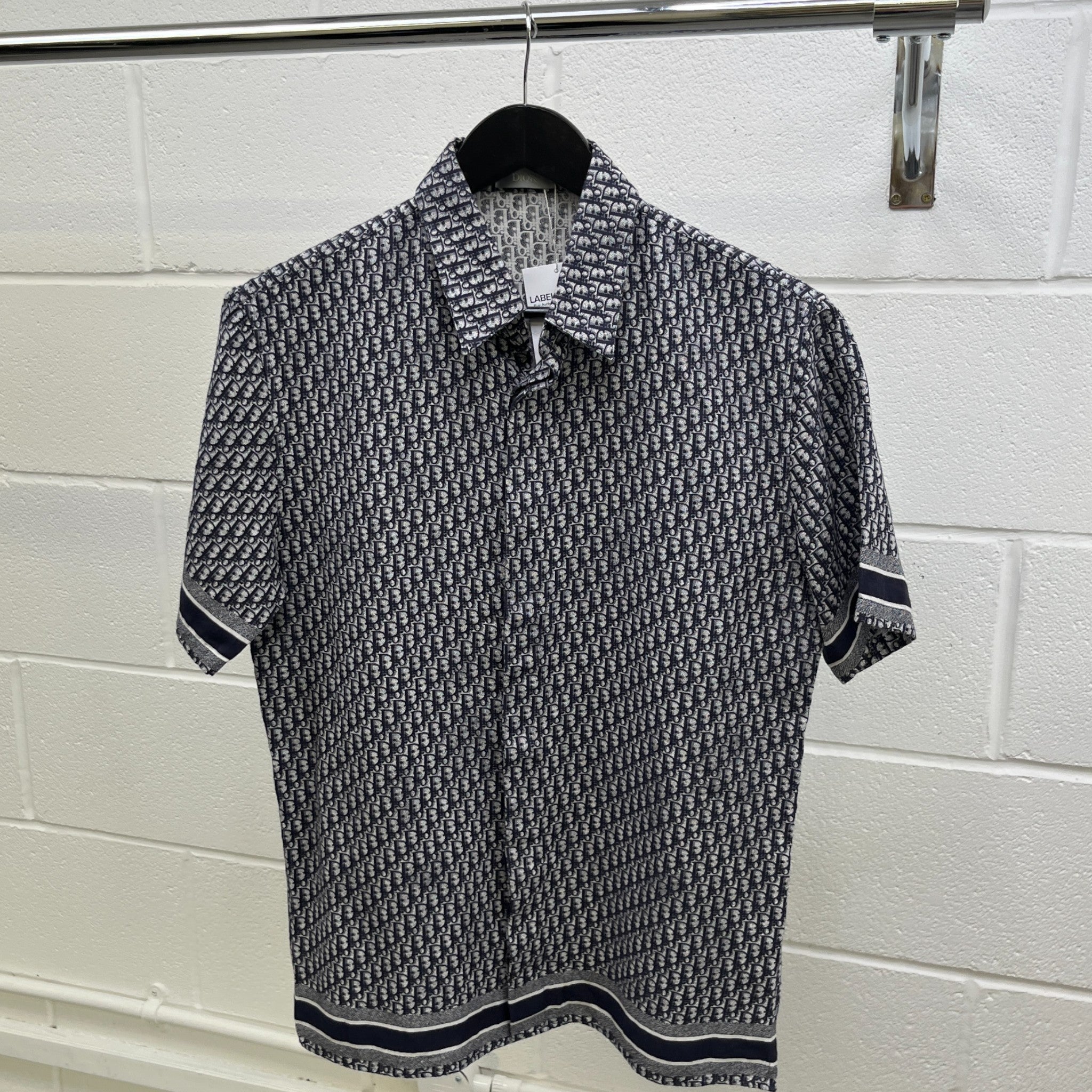 Men's Oblique Monogram Short Sleeve Shirt Navy Size M