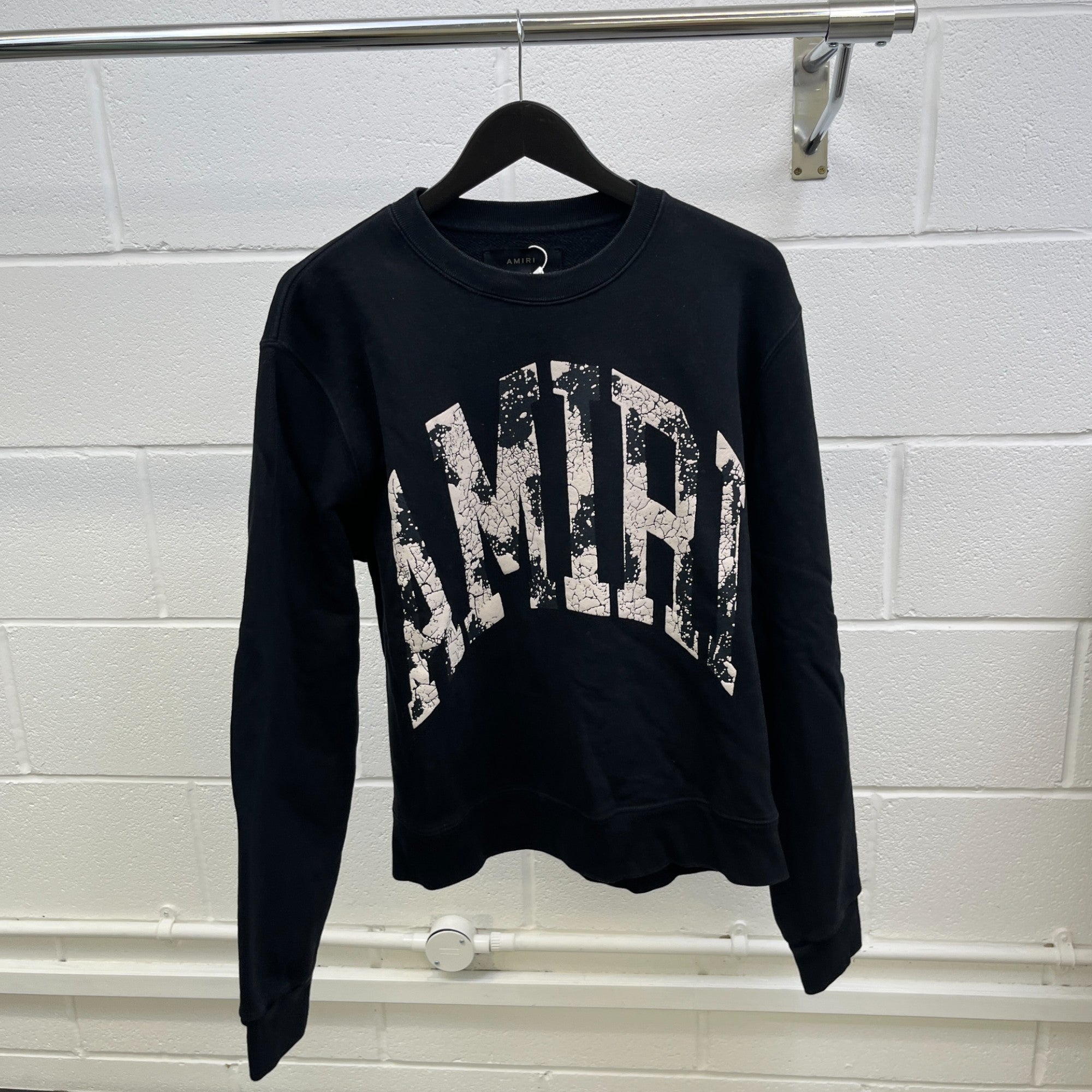 Men's Distressed Logo Print Jumper Black Size L