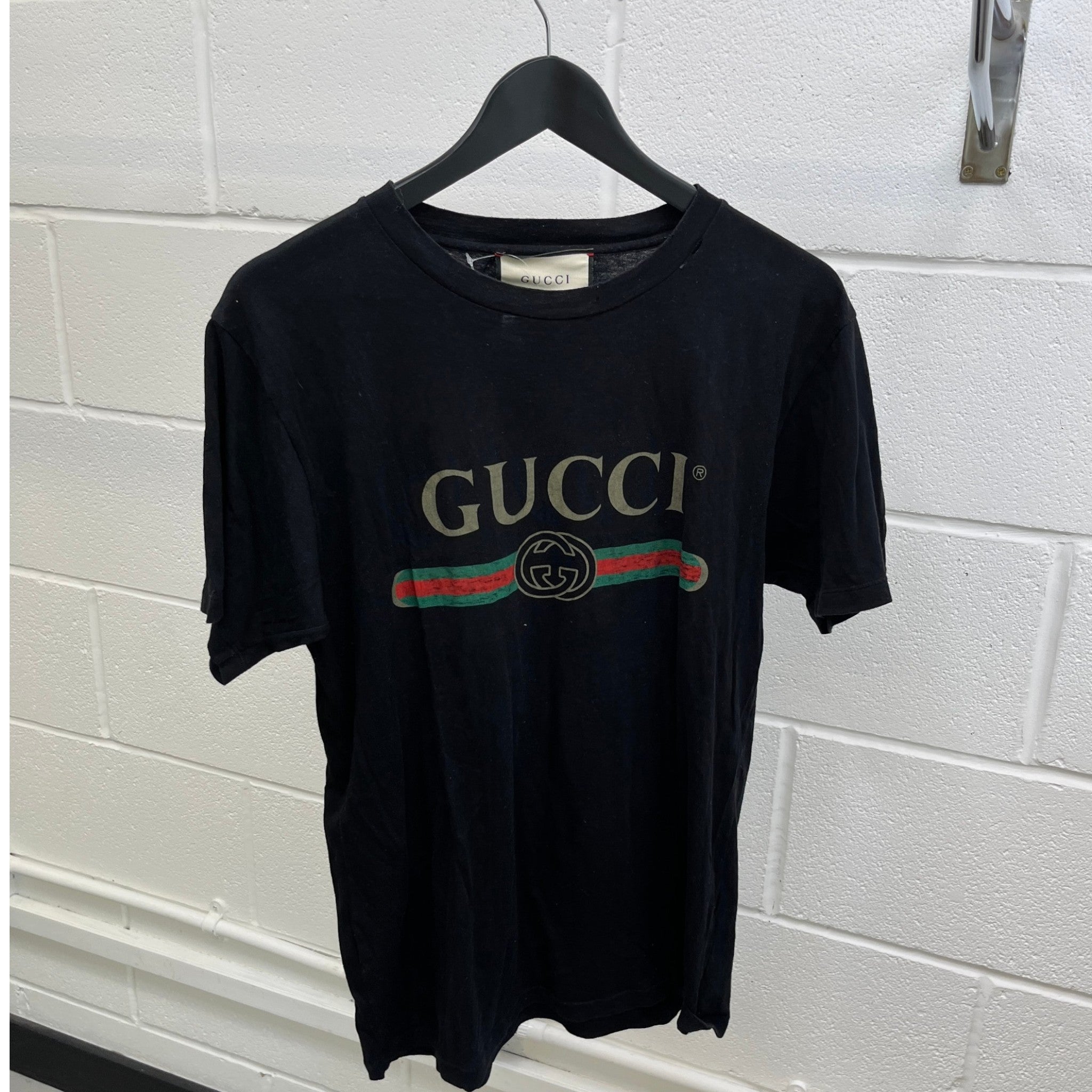 Men's Logo Print 'Distressed Look' (Oversized Fits S) T-Shirt Black Size XXS