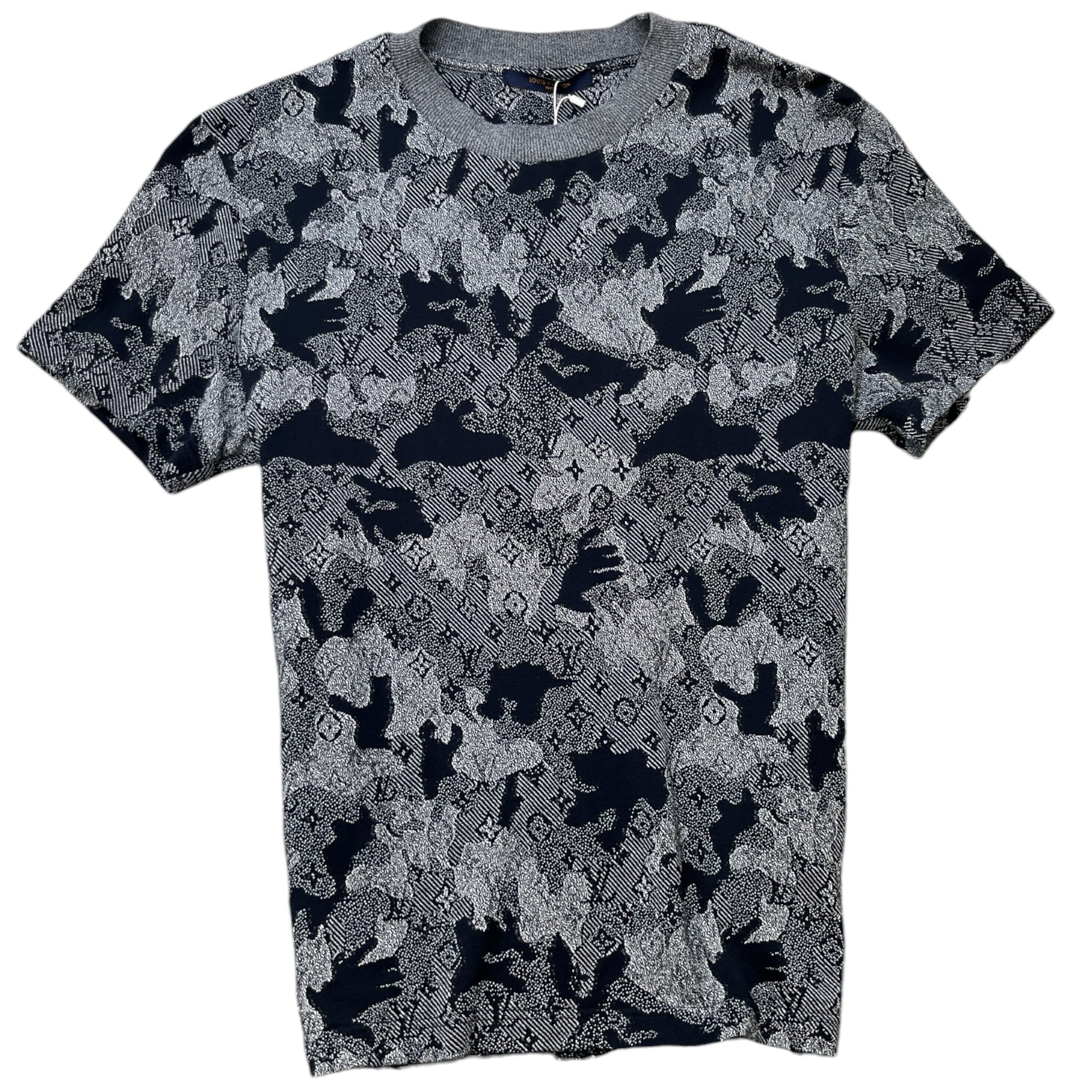 Men's Camouflage Lv Monogram Logo Print T-Shirt Navy Size L
