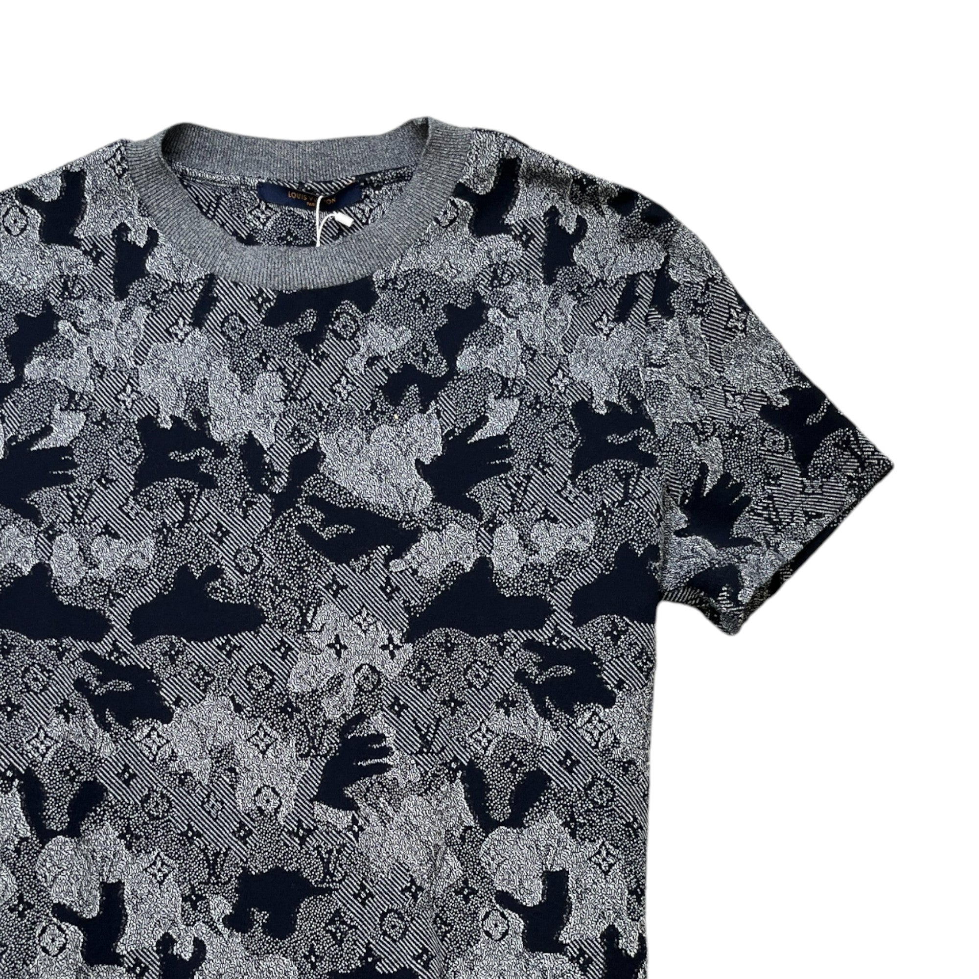 Men's Camouflage Lv Monogram Logo Print T-Shirt Navy Size L