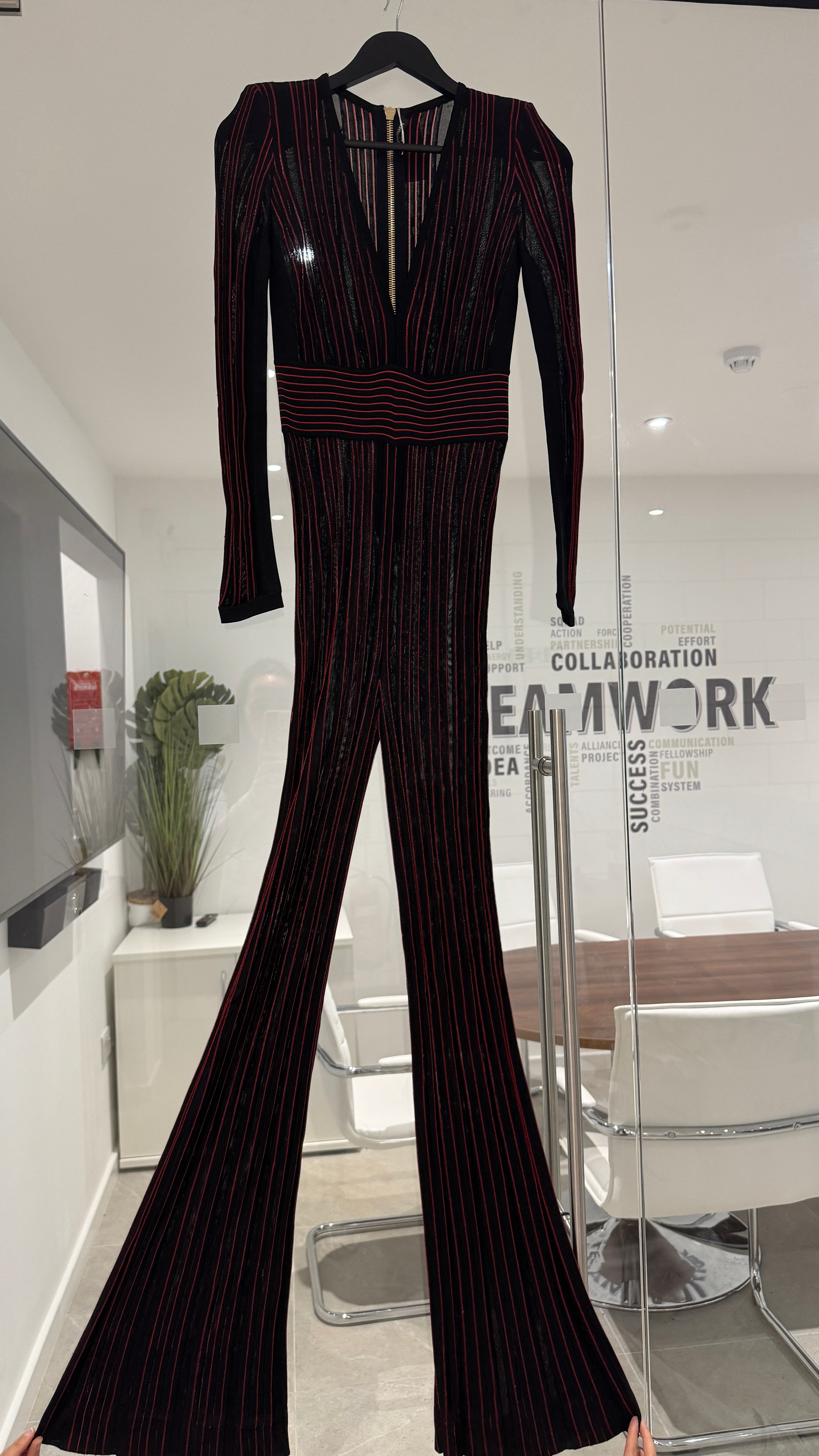 Women's Striped Stretch Sheer Jumpsuit Trousers Burgundy Size S