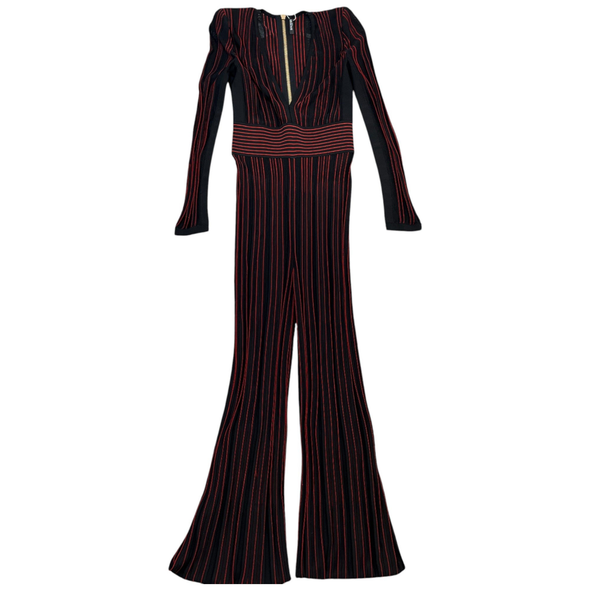 Women's Striped Stretch Sheer Jumpsuit Trousers Burgundy Size S