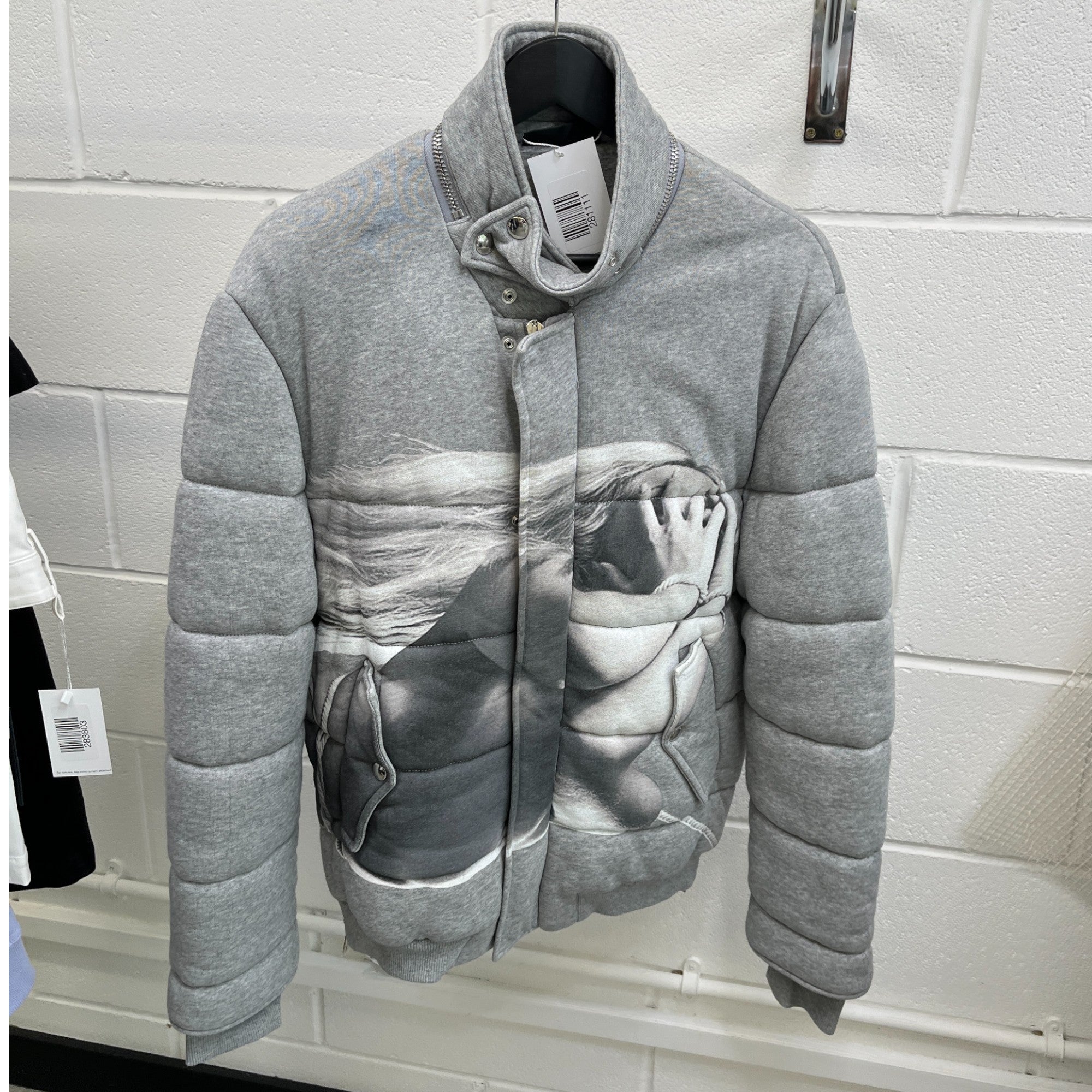 Men's Printed Image Quilted Jacket Grey Size S