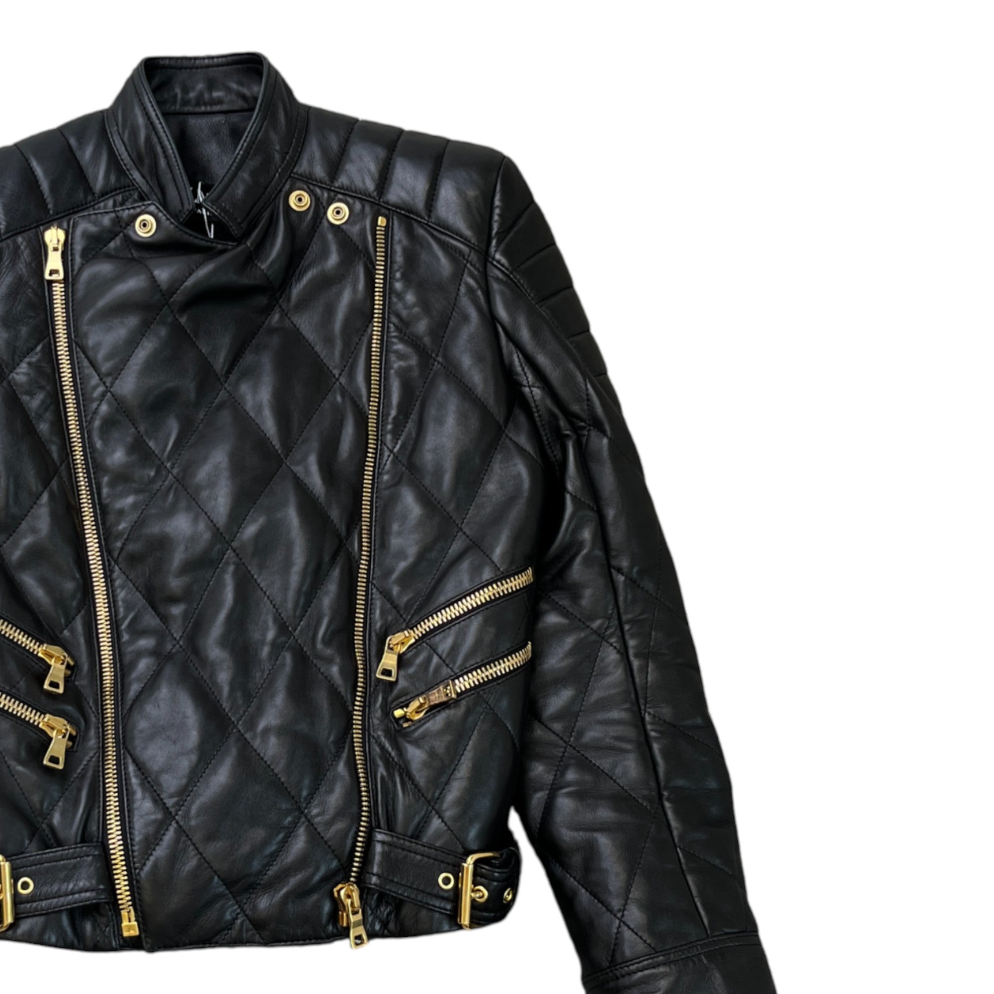 Women's Quilted Shoulder Pad Zip Up Jacket Black Size M