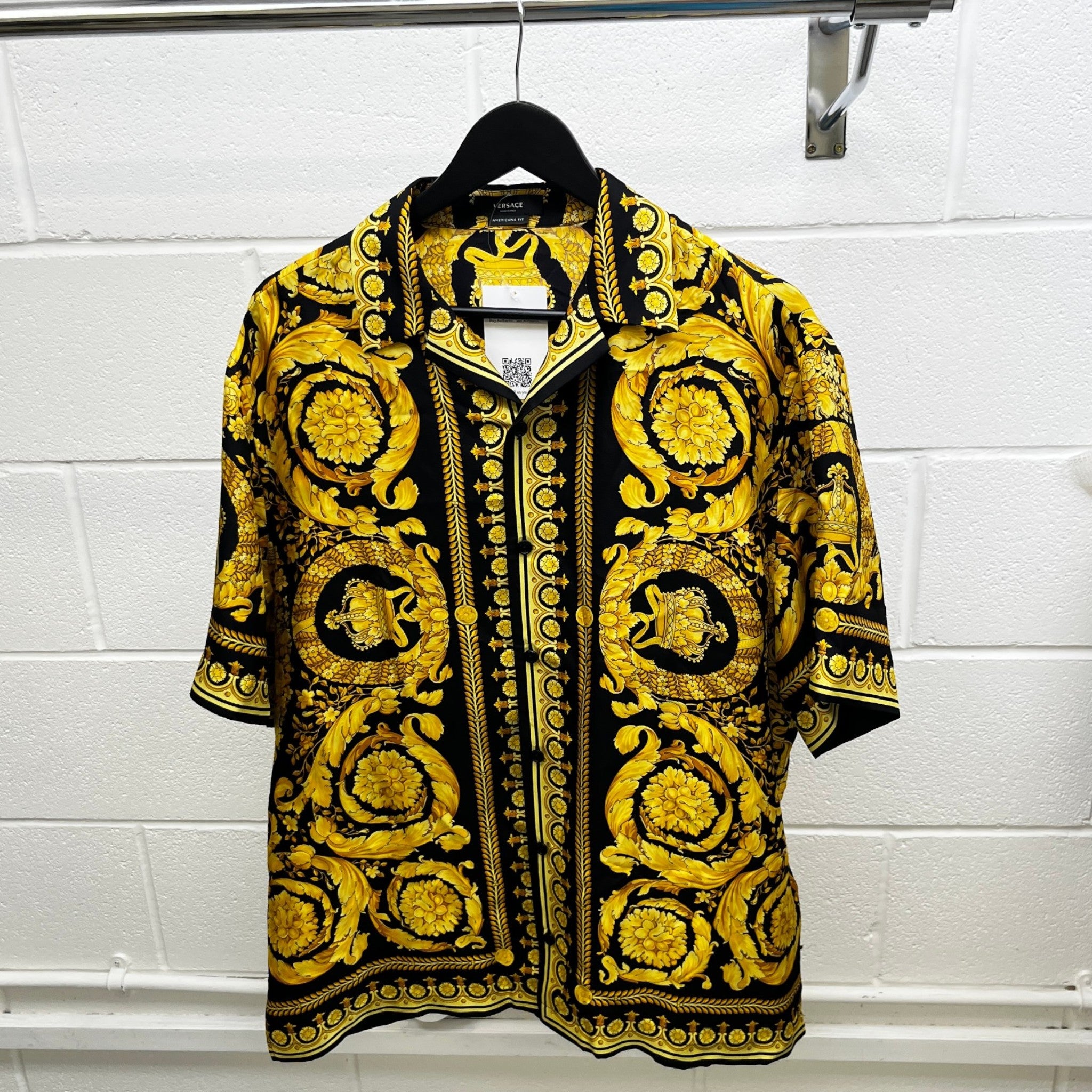 Men's Barocco Print Short Sleeve Shirt Yellow Size IT 52 / UK XL