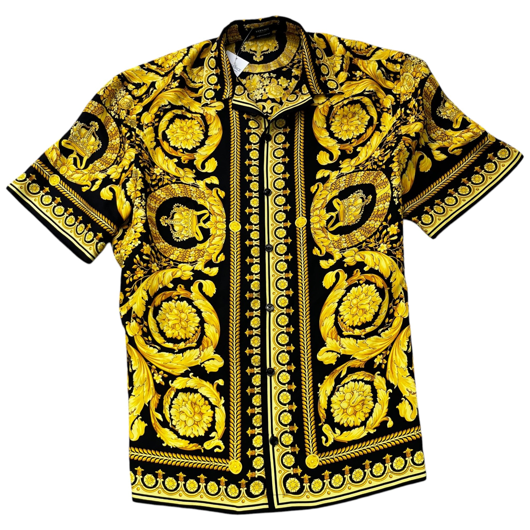 Men's Barocco Print Short Sleeve Shirt Yellow Size IT 52 / UK XL