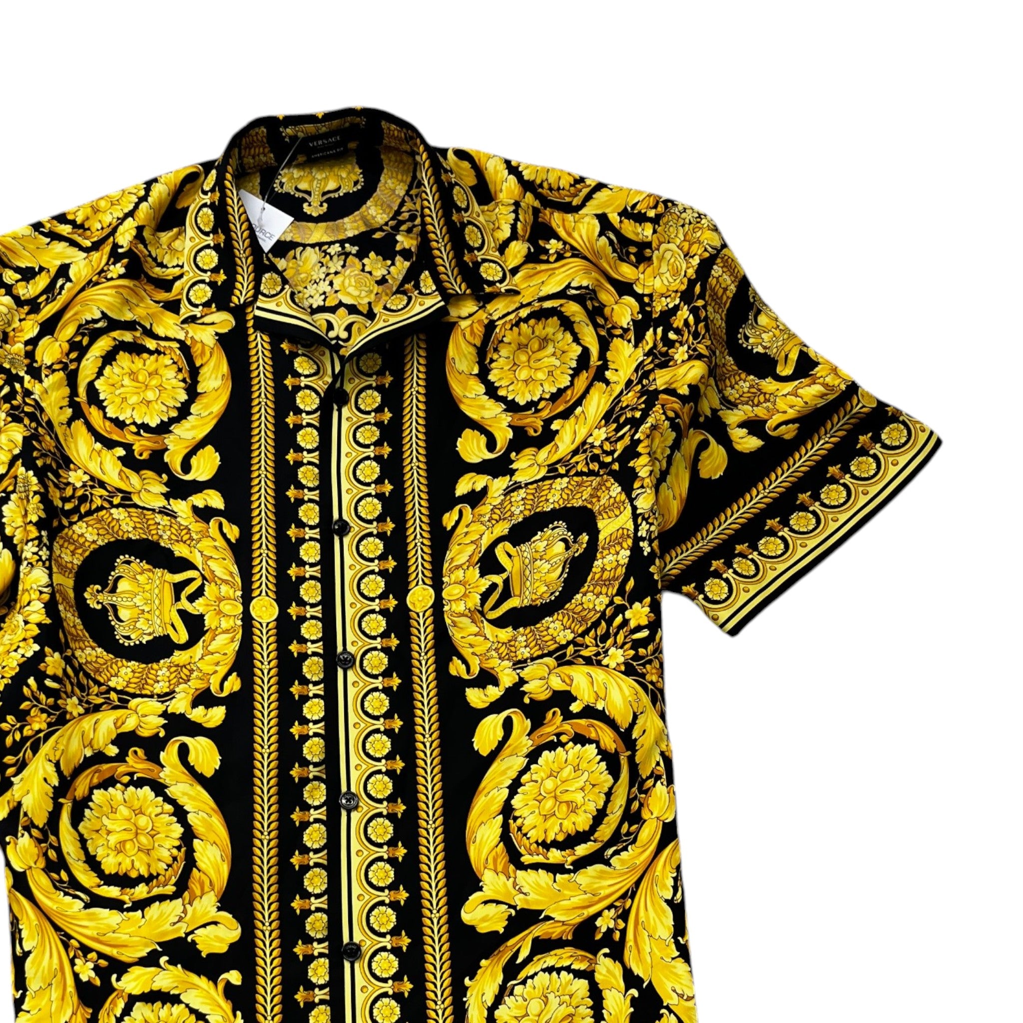 Men's Barocco Print Short Sleeve Shirt Yellow Size IT 52 / UK XL