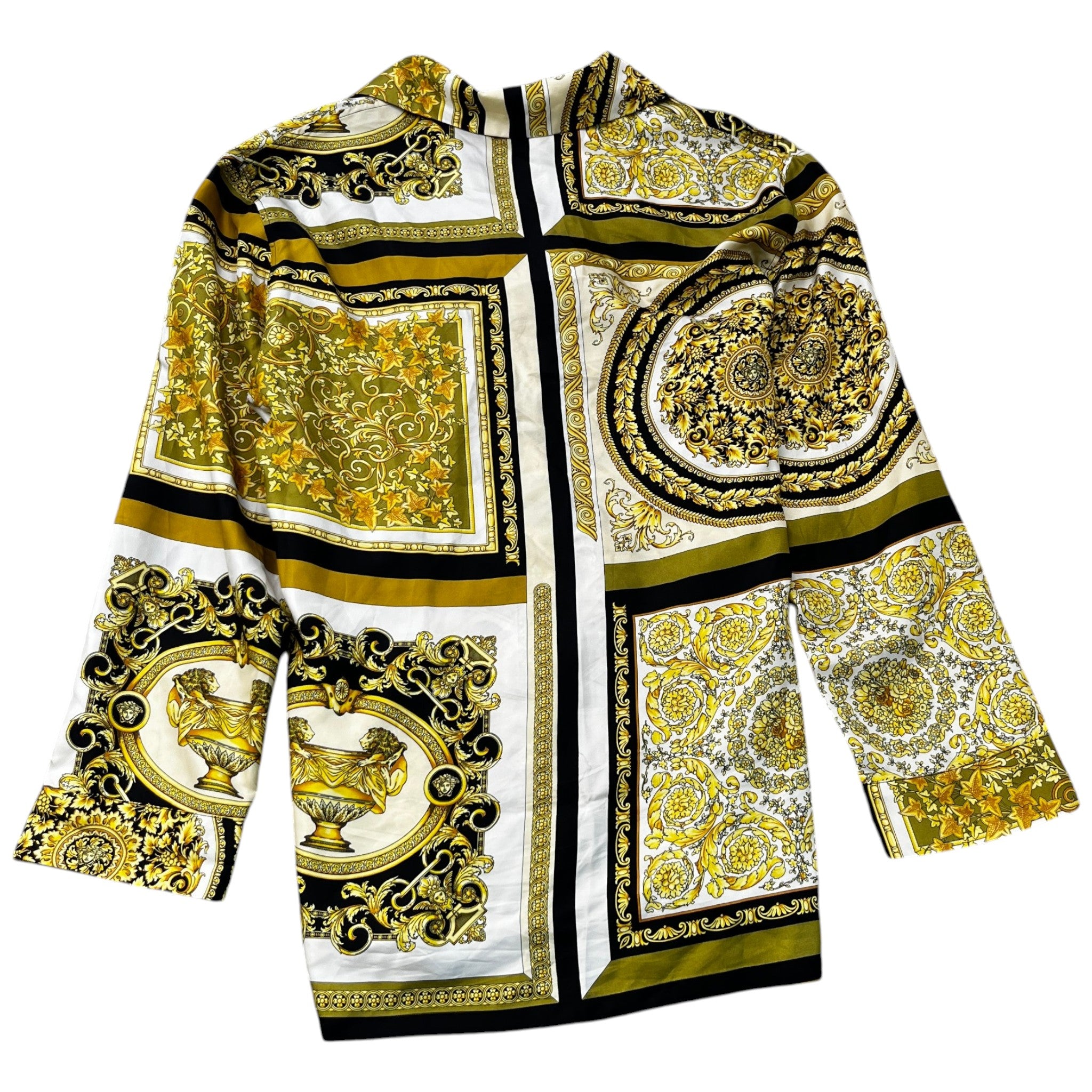 Men's Baroque Print Long Sleeve Shirt Yellow Size XL