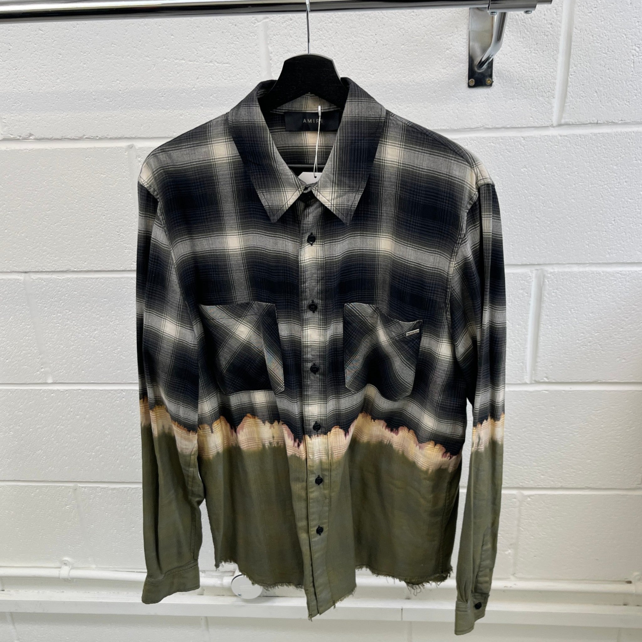 Men's Bleach Bandana Plaid Long Sleeve Shirt Khaki Size M