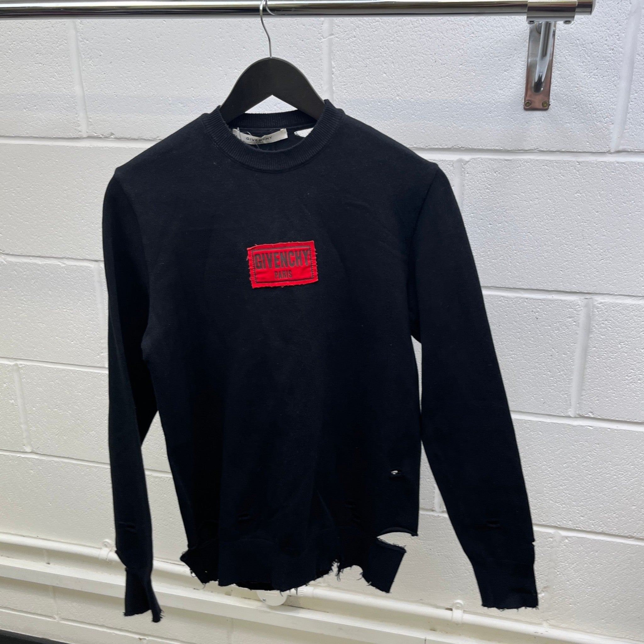 Men's Distressed Logo Patch Jumper Black Size XS