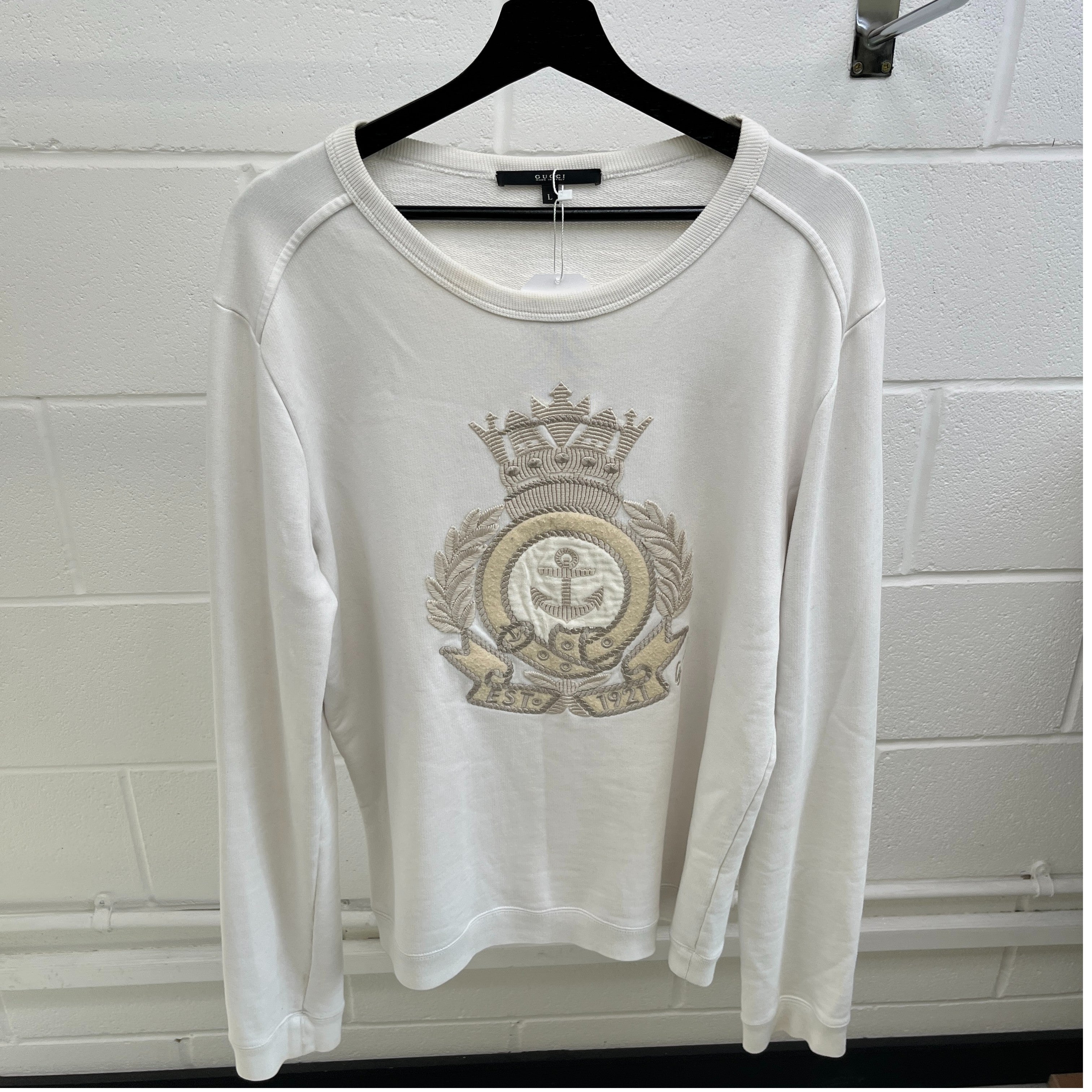 Men's Embroidered Anchor Long Sleeve T-Shirt White Size L