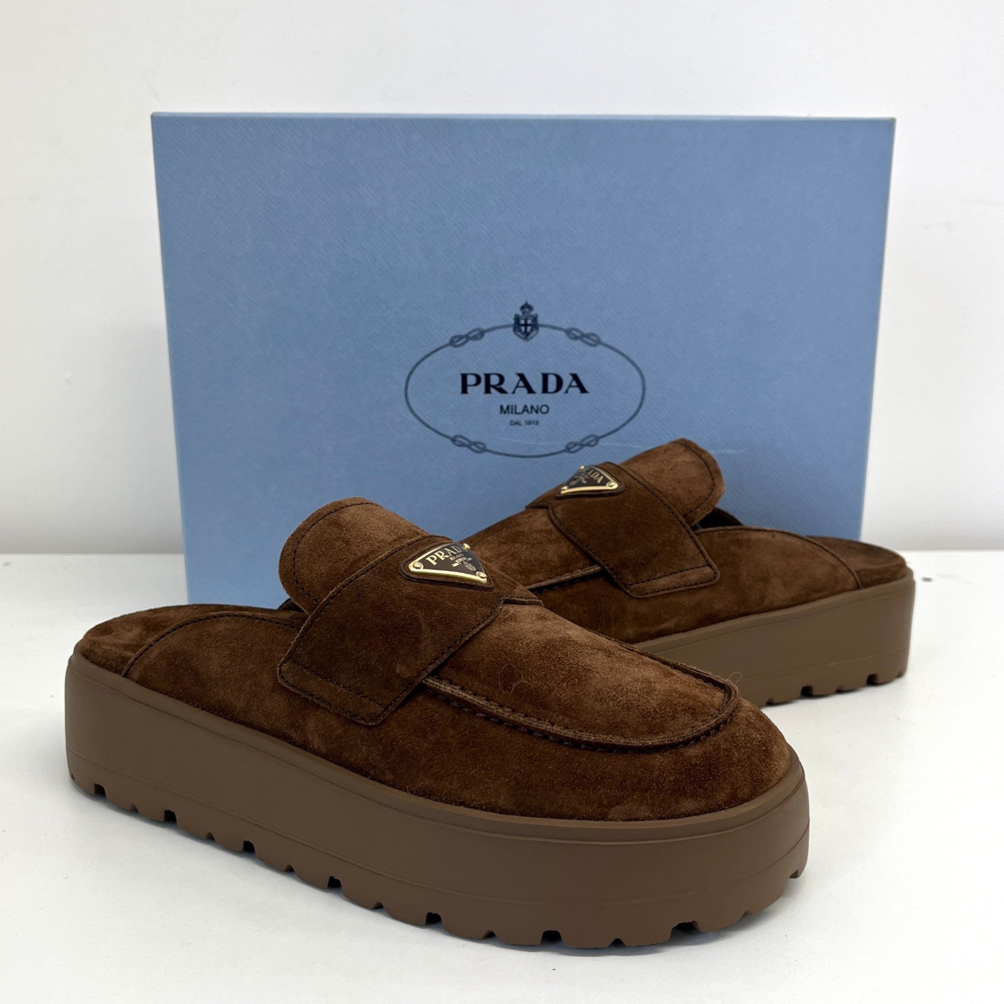 Women's Plaque Logo Flatform Mules Brown Size EU 39.5 / UK 6.5