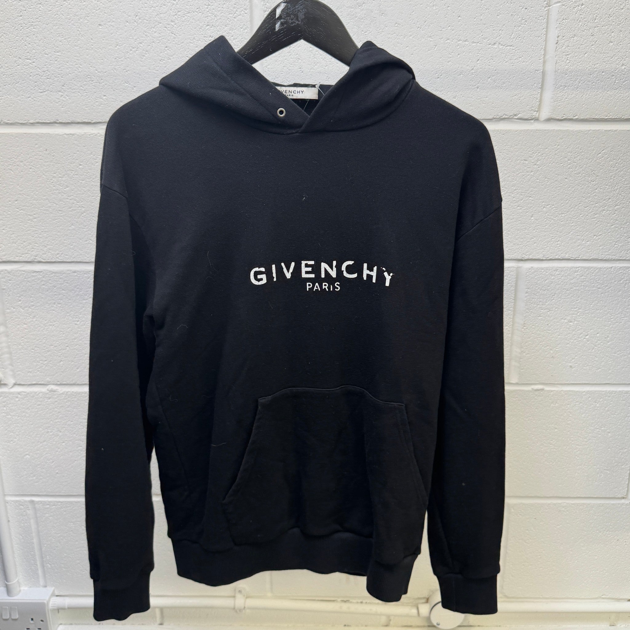 Men's Distressed Logo Print Hoodie Black Size XS