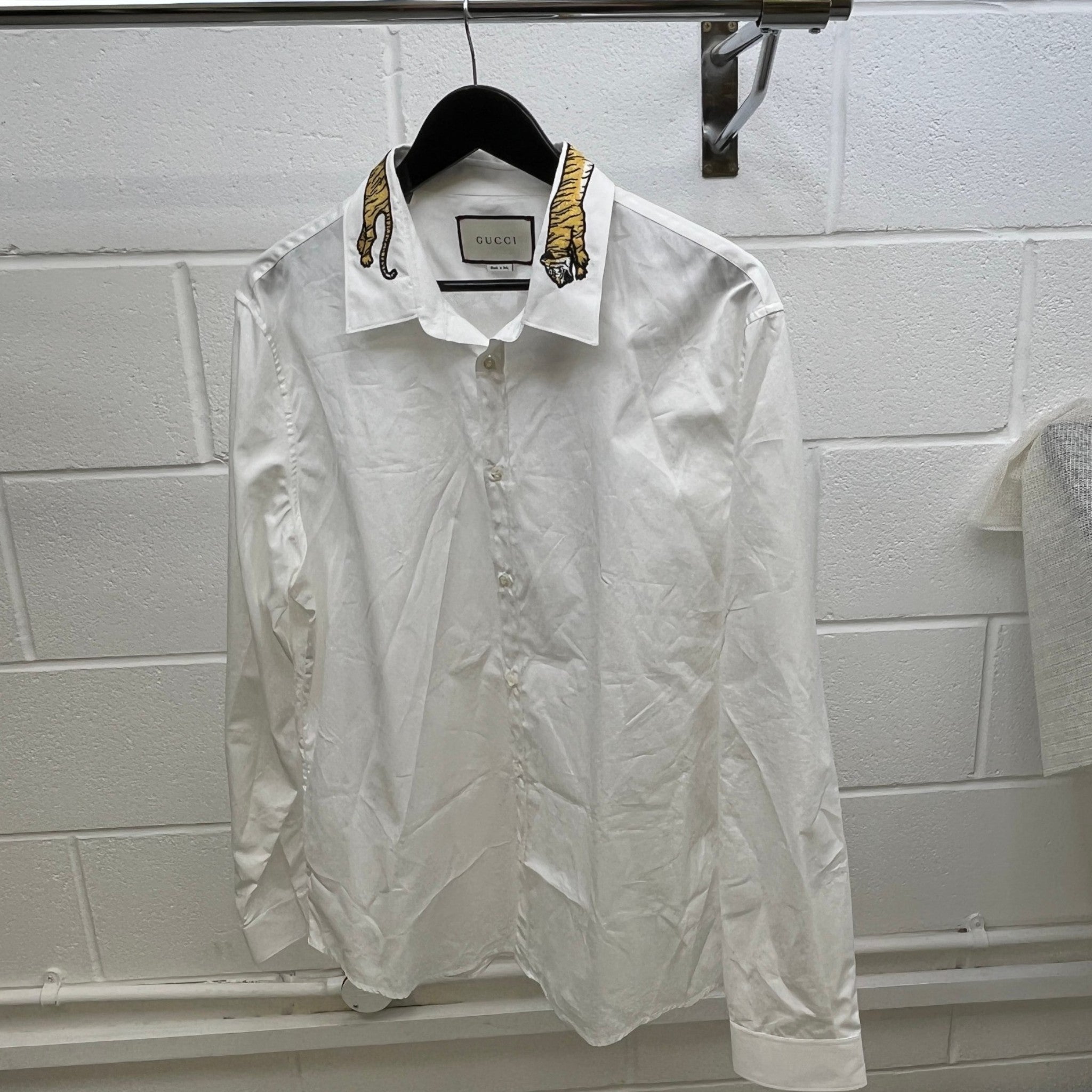 Men's Tiger Patch Collar Long Sleeve Shirt White Size XL