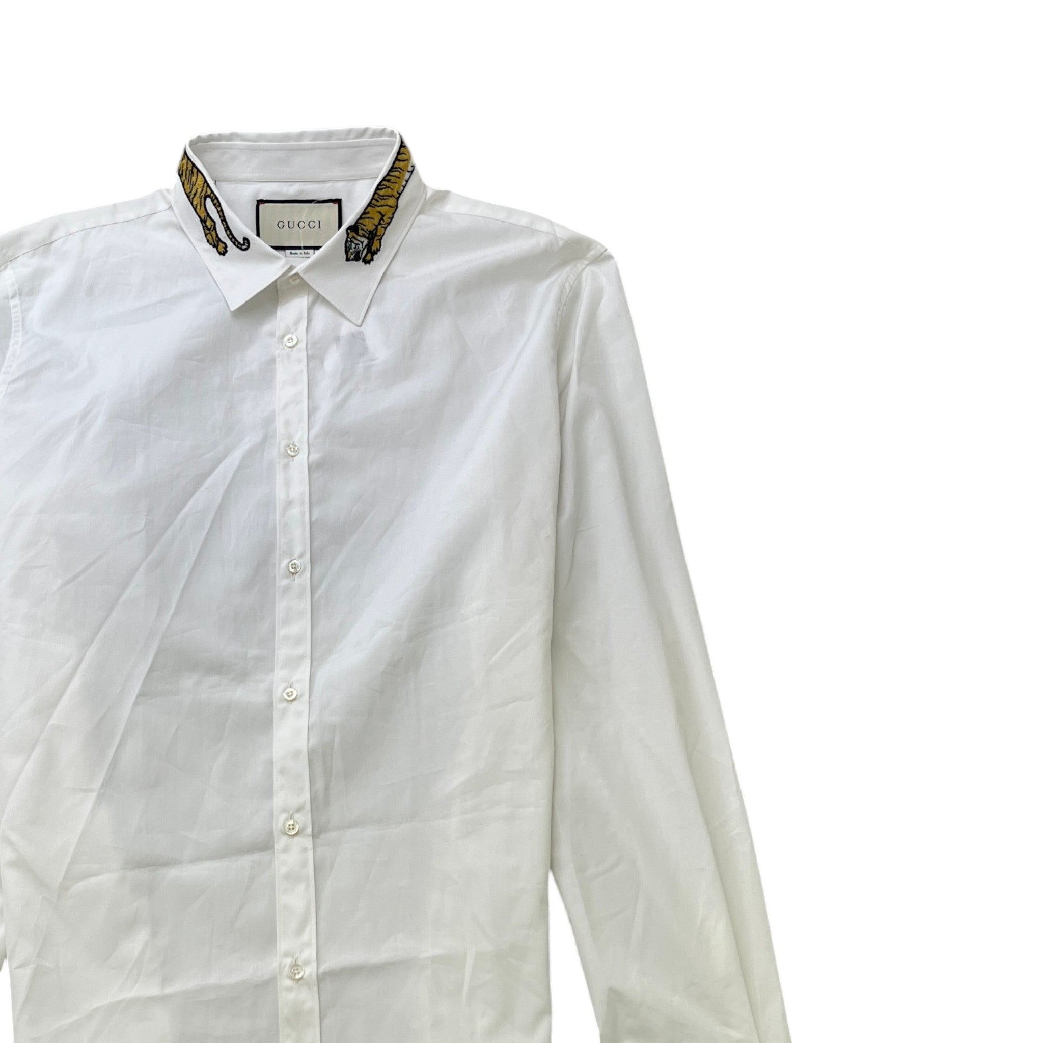Men's Tiger Patch Collar Long Sleeve Shirt White Size XL