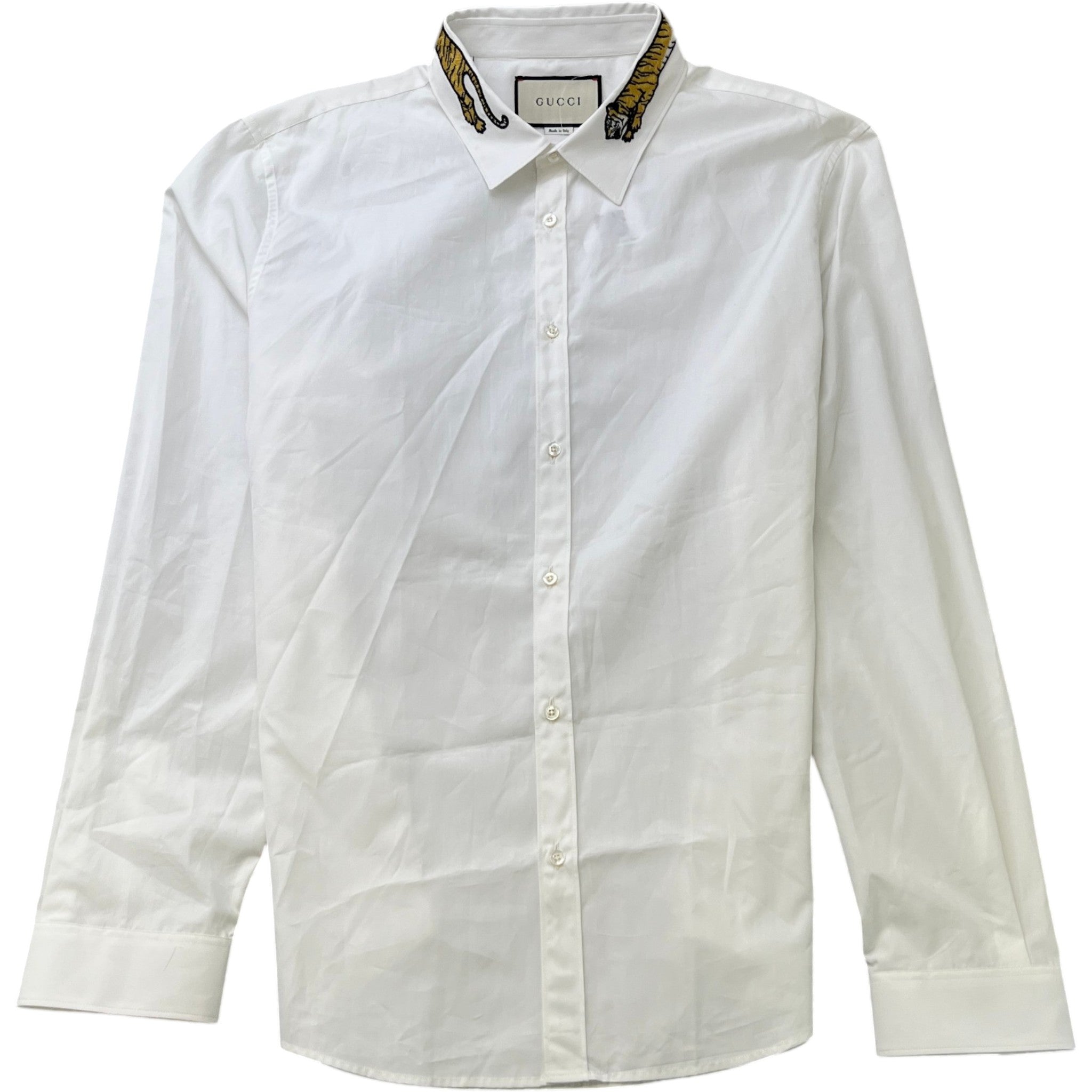 Men's Tiger Patch Collar Long Sleeve Shirt White Size XL