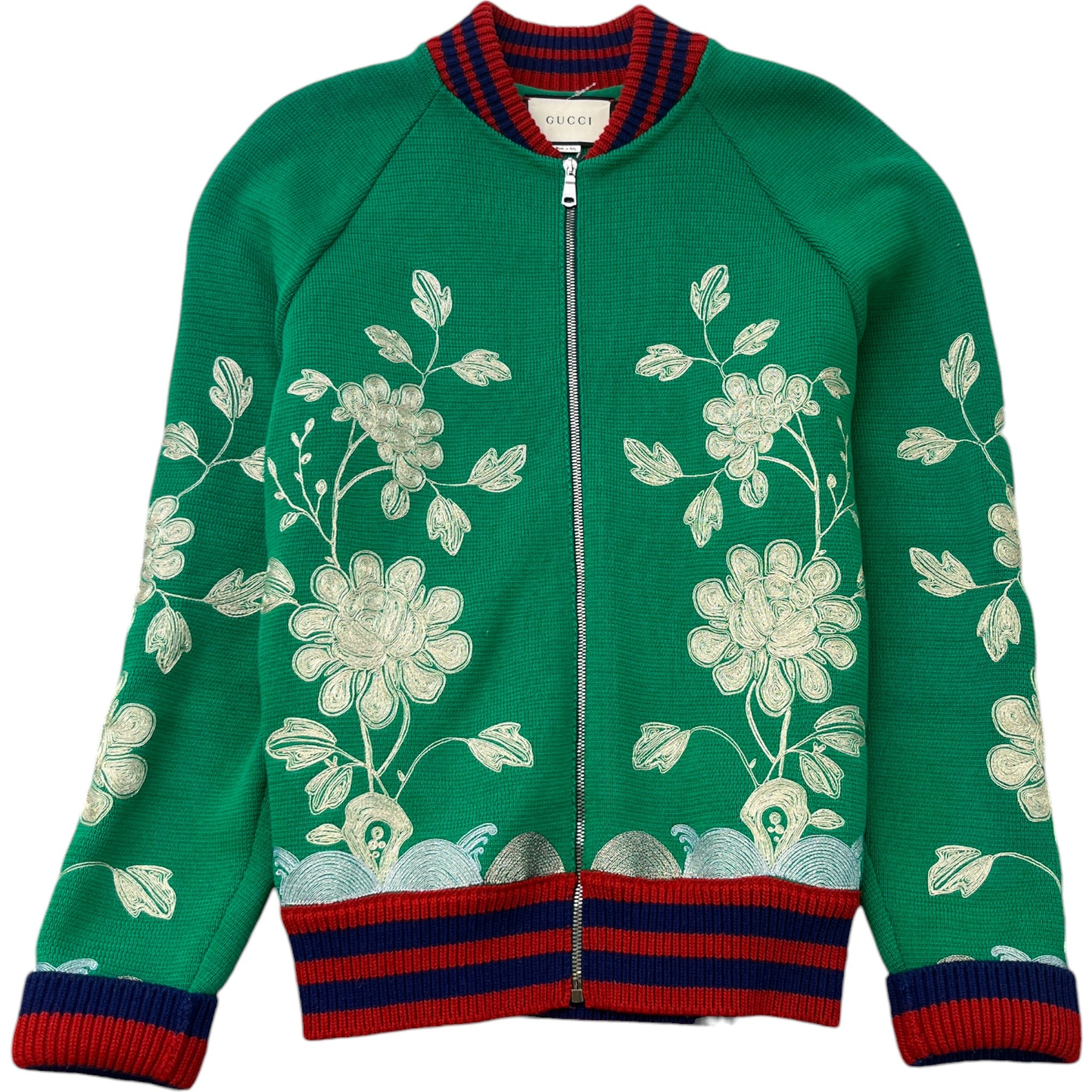 Men's Embroidered Floral Bomber Jacket Green Size S