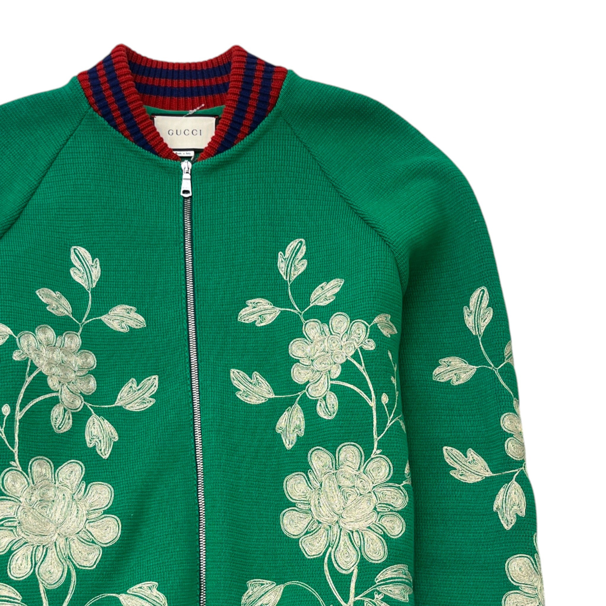 Men's Embroidered Floral Bomber Jacket Green Size S