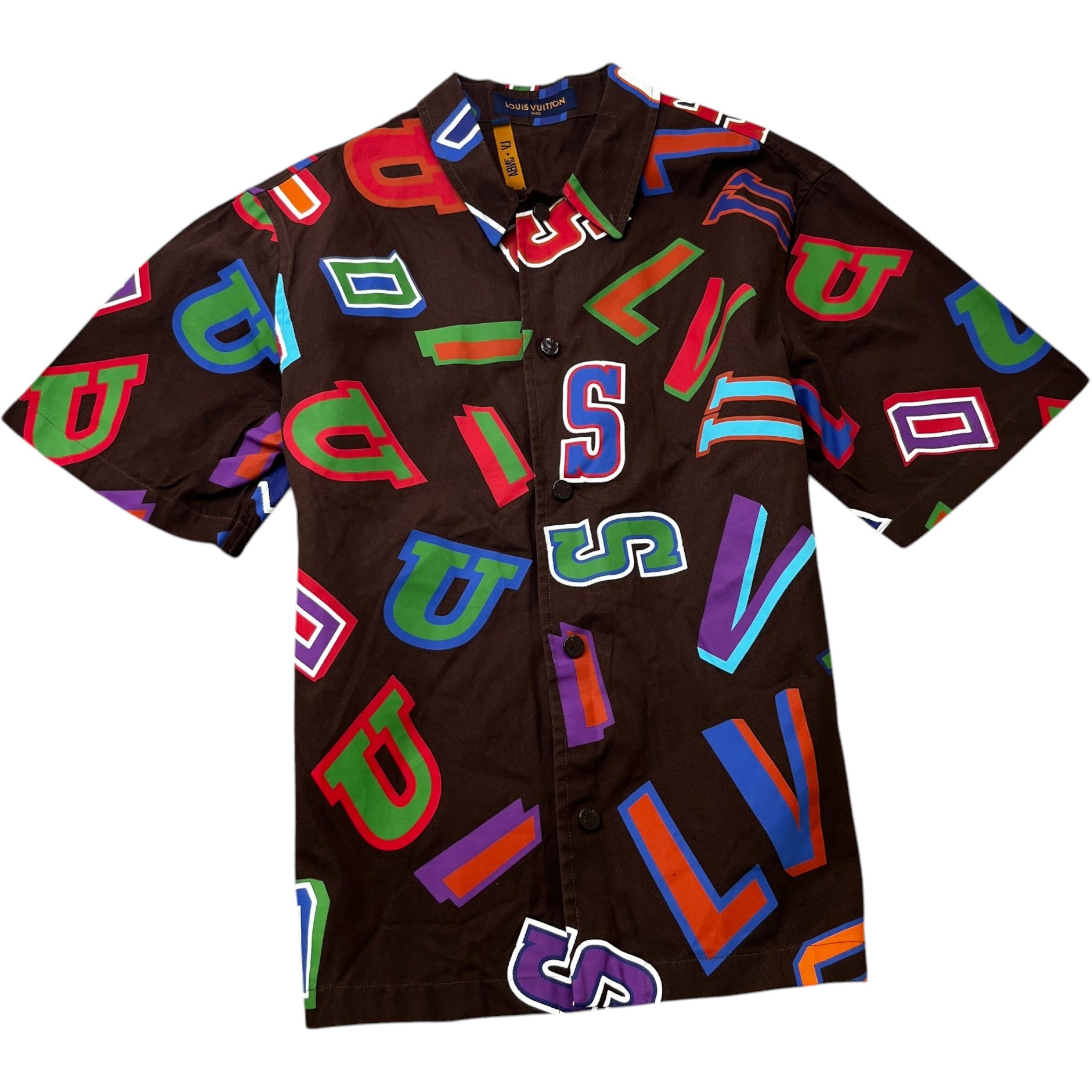 Men's X Nba Basketball Letters Button Up Short Sleeve Shirt Brown Size M