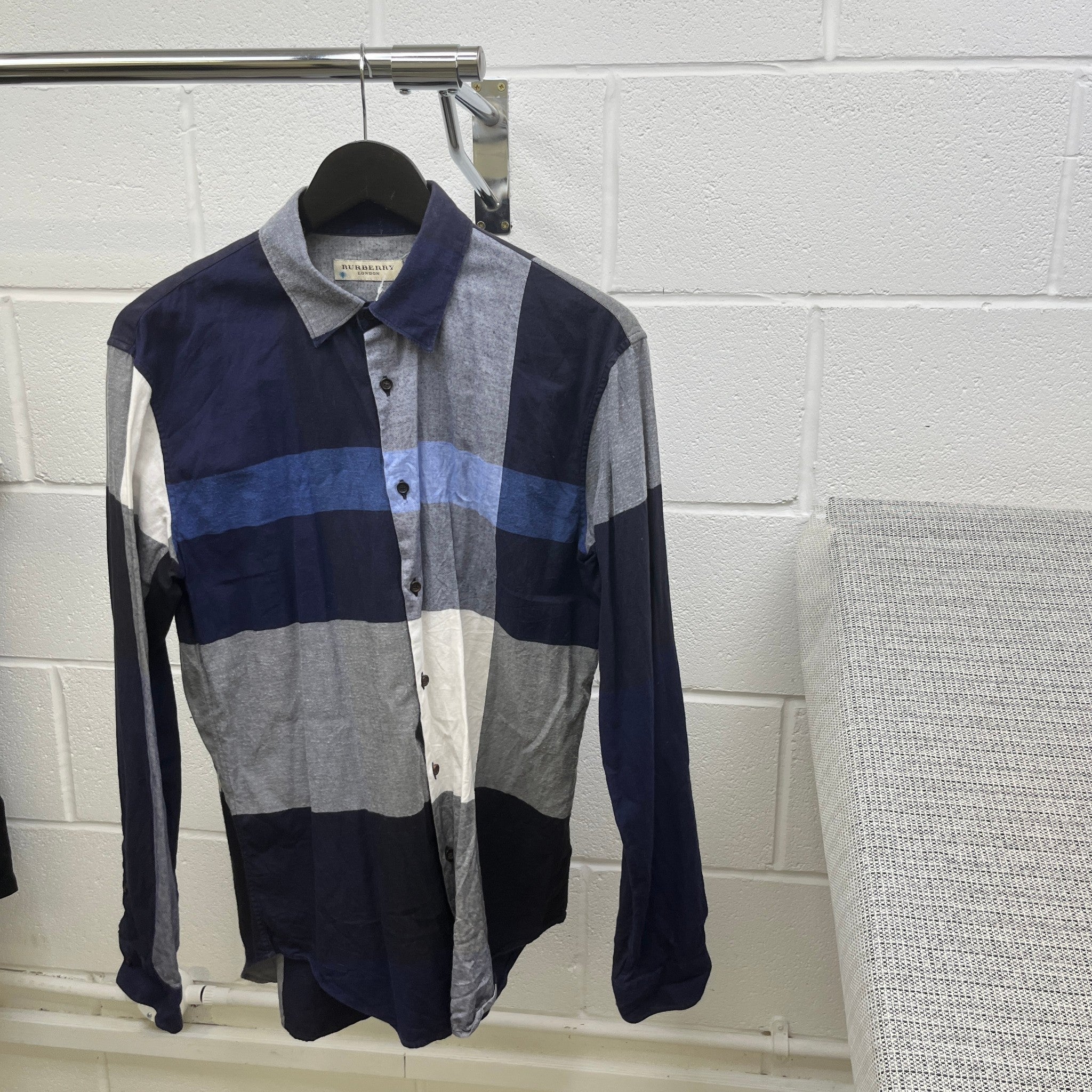 Men's Check Stretch Poplin Long Sleeve Shirt Navy Size M
