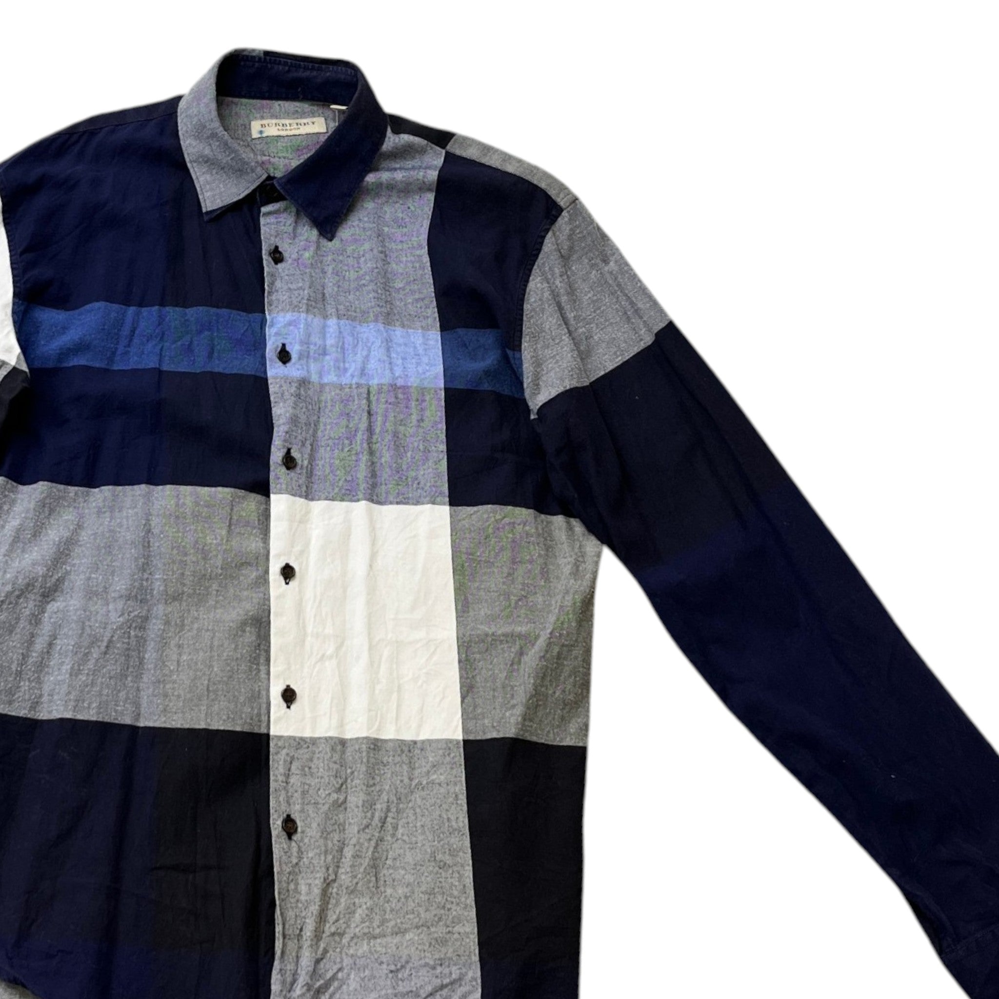 Men's Check Stretch Poplin Long Sleeve Shirt Navy Size M