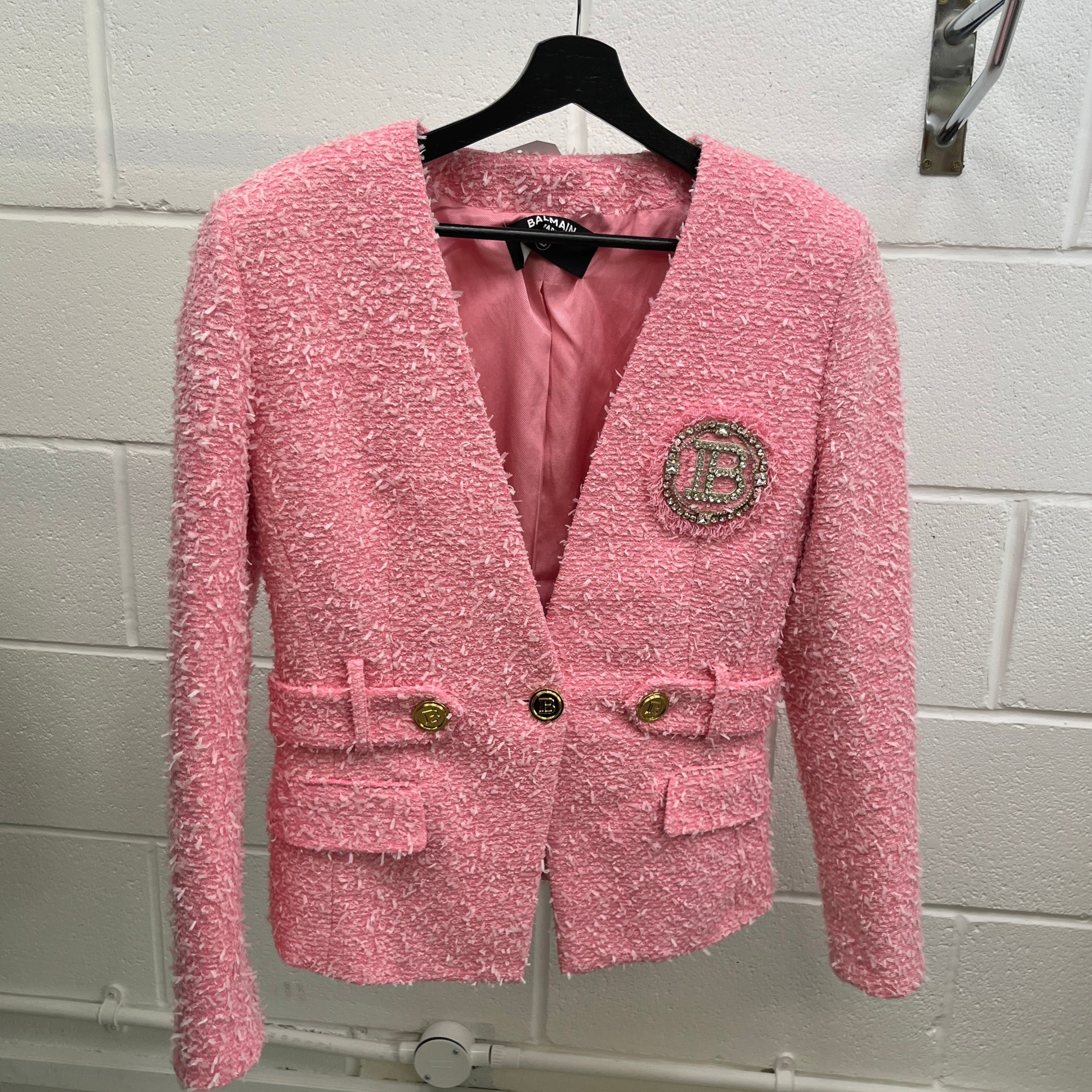 Women's Tweed Collarless Crystal Brooch Logo Jacket Pink Size IT 40 / UK 8