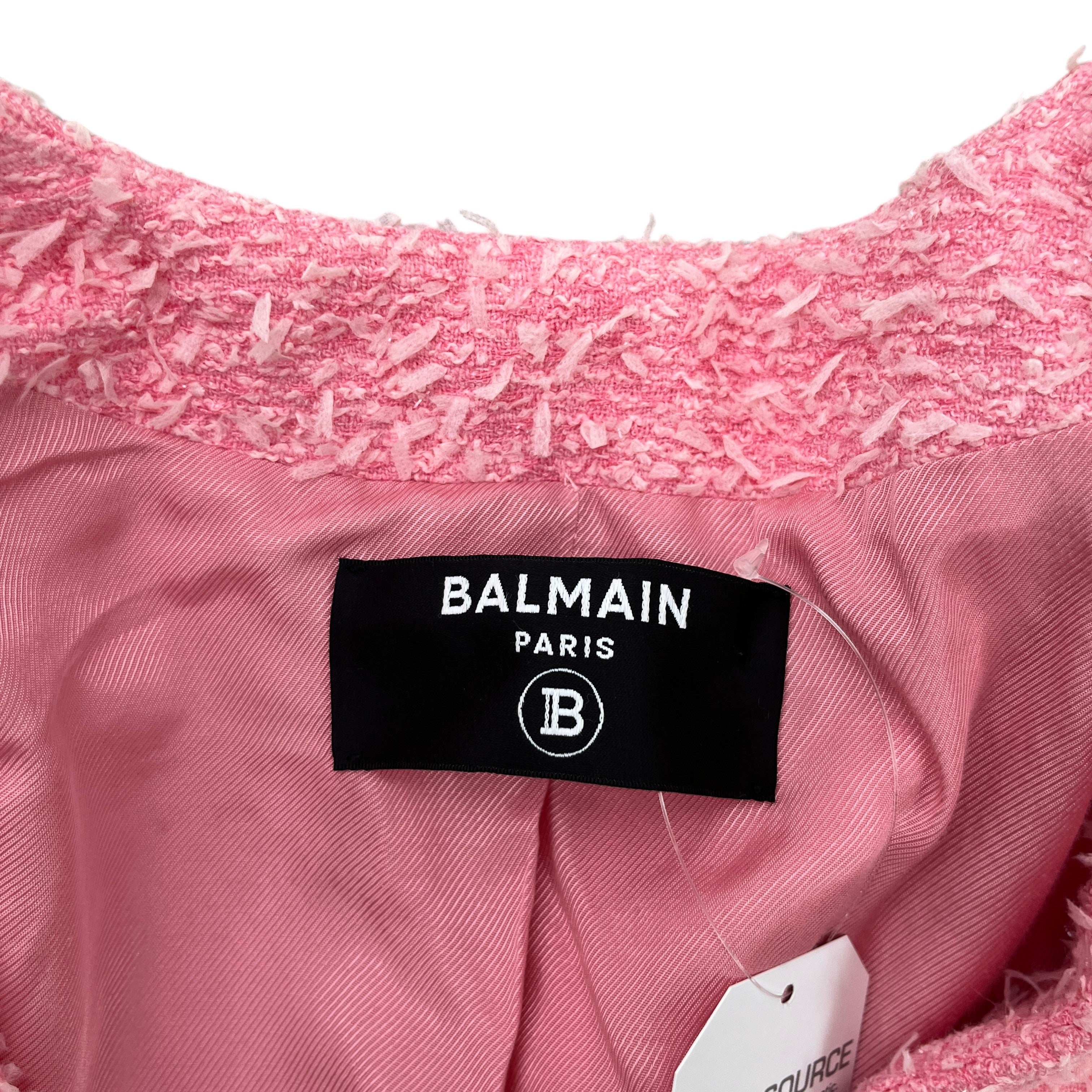 Women's Tweed Collarless Crystal Brooch Logo Jacket Pink Size IT 40 / UK 8