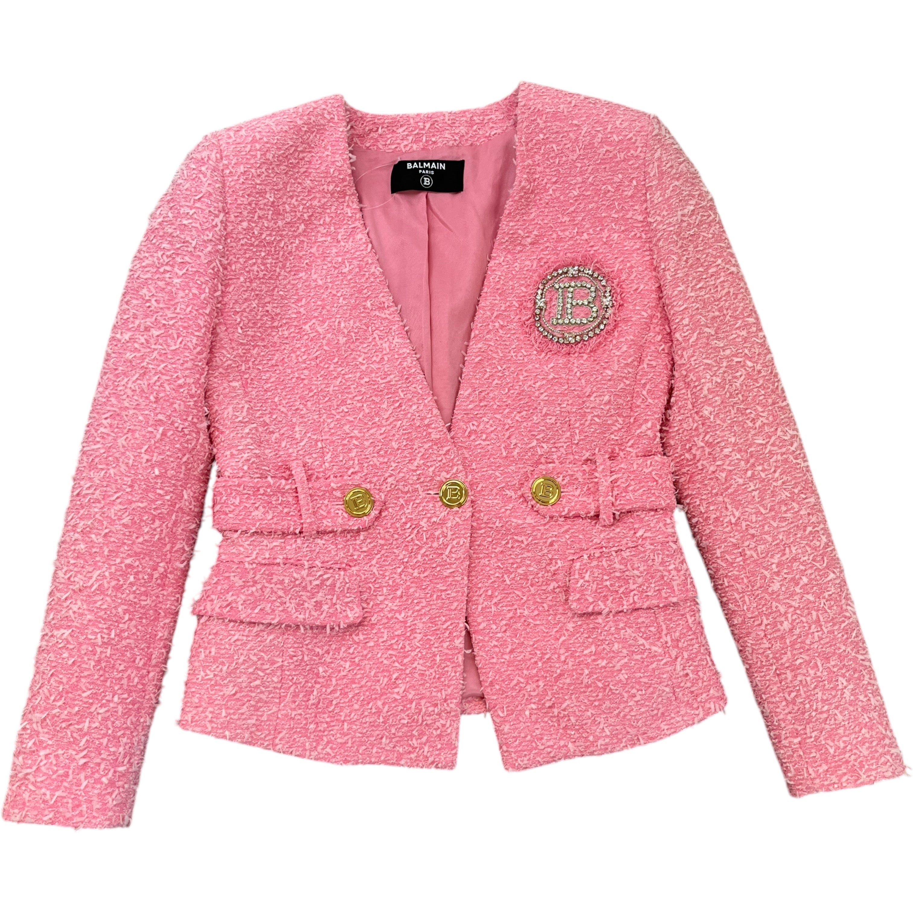 Women's Tweed Collarless Crystal Brooch Logo Jacket Pink Size IT 40 / UK 8