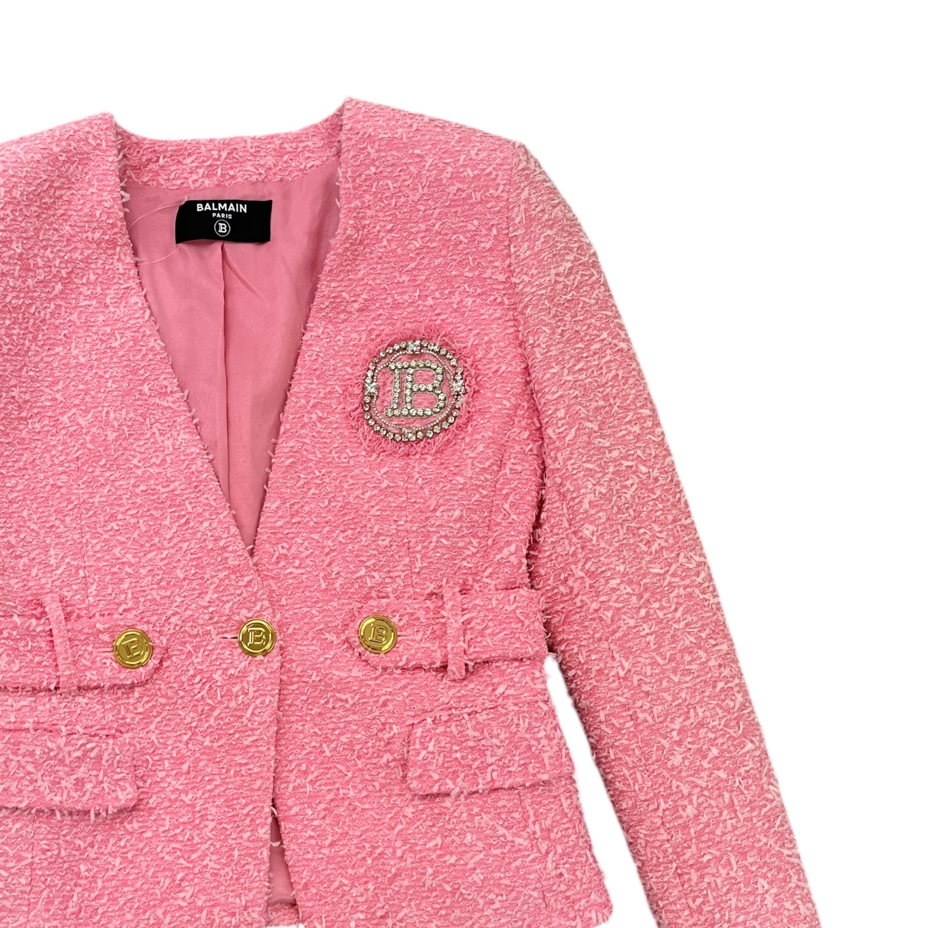 Women's Tweed Collarless Crystal Brooch Logo Jacket Pink Size IT 40 / UK 8