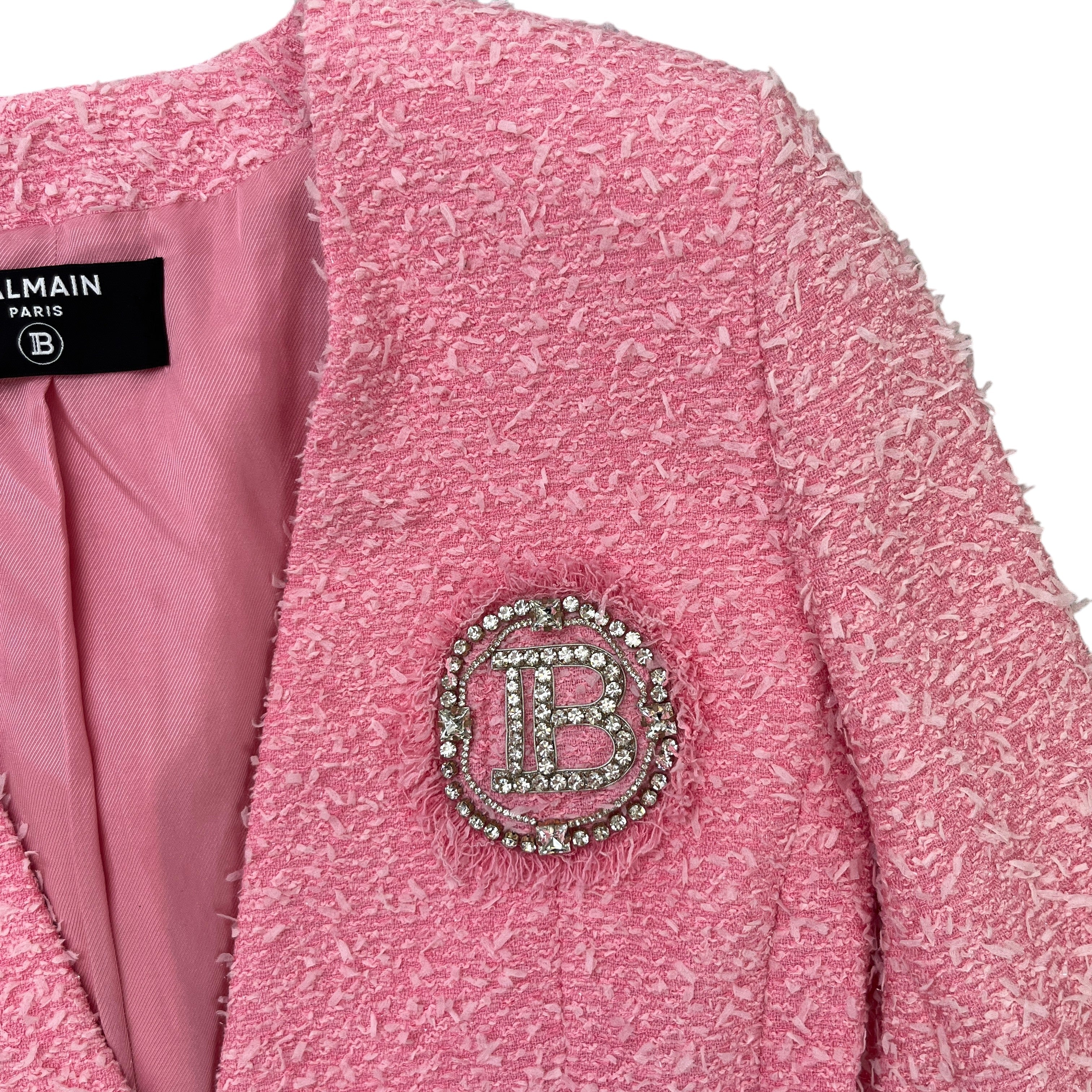 Women's Tweed Collarless Crystal Brooch Logo Jacket Pink Size IT 40 / UK 8