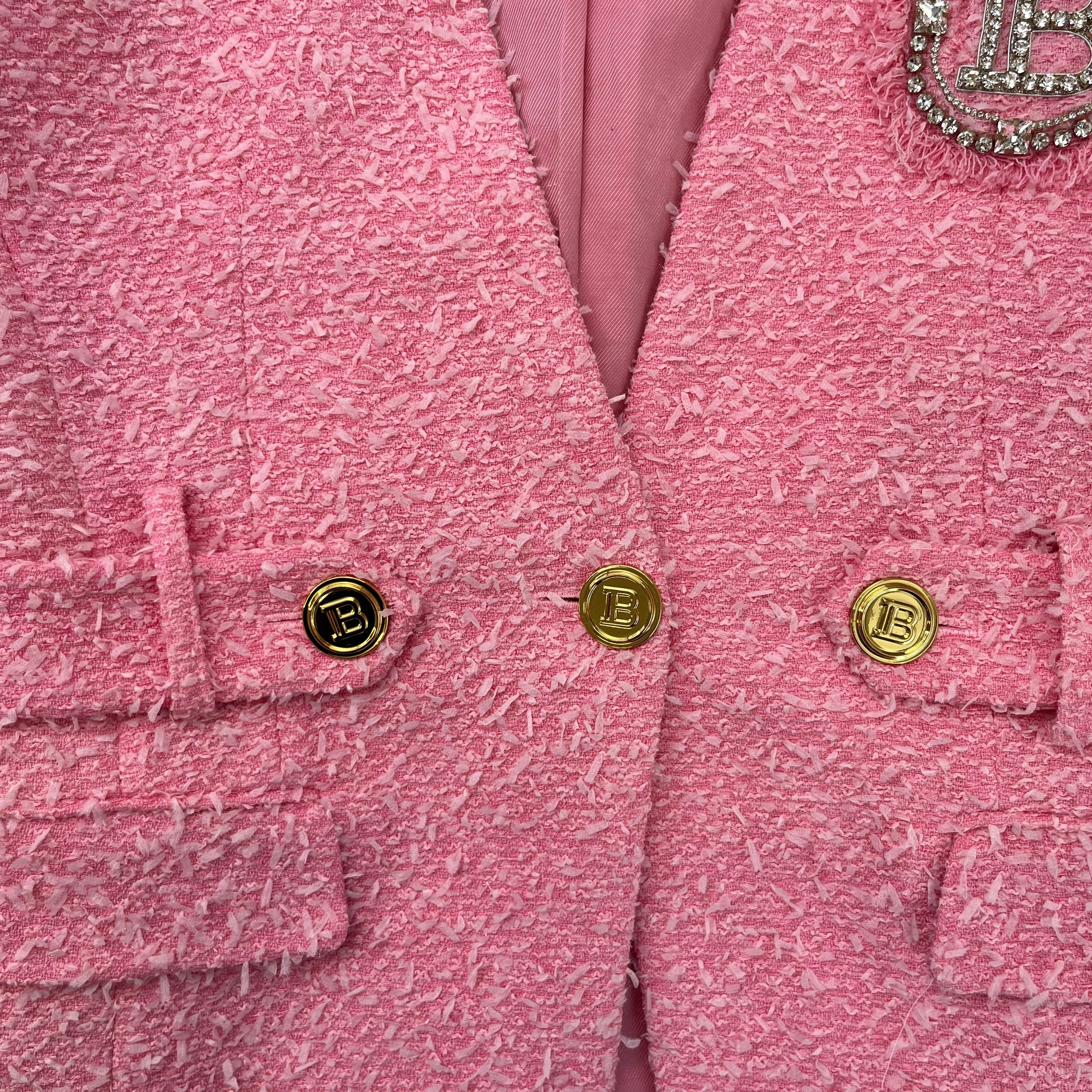 Women's Tweed Collarless Crystal Brooch Logo Jacket Pink Size IT 40 / UK 8