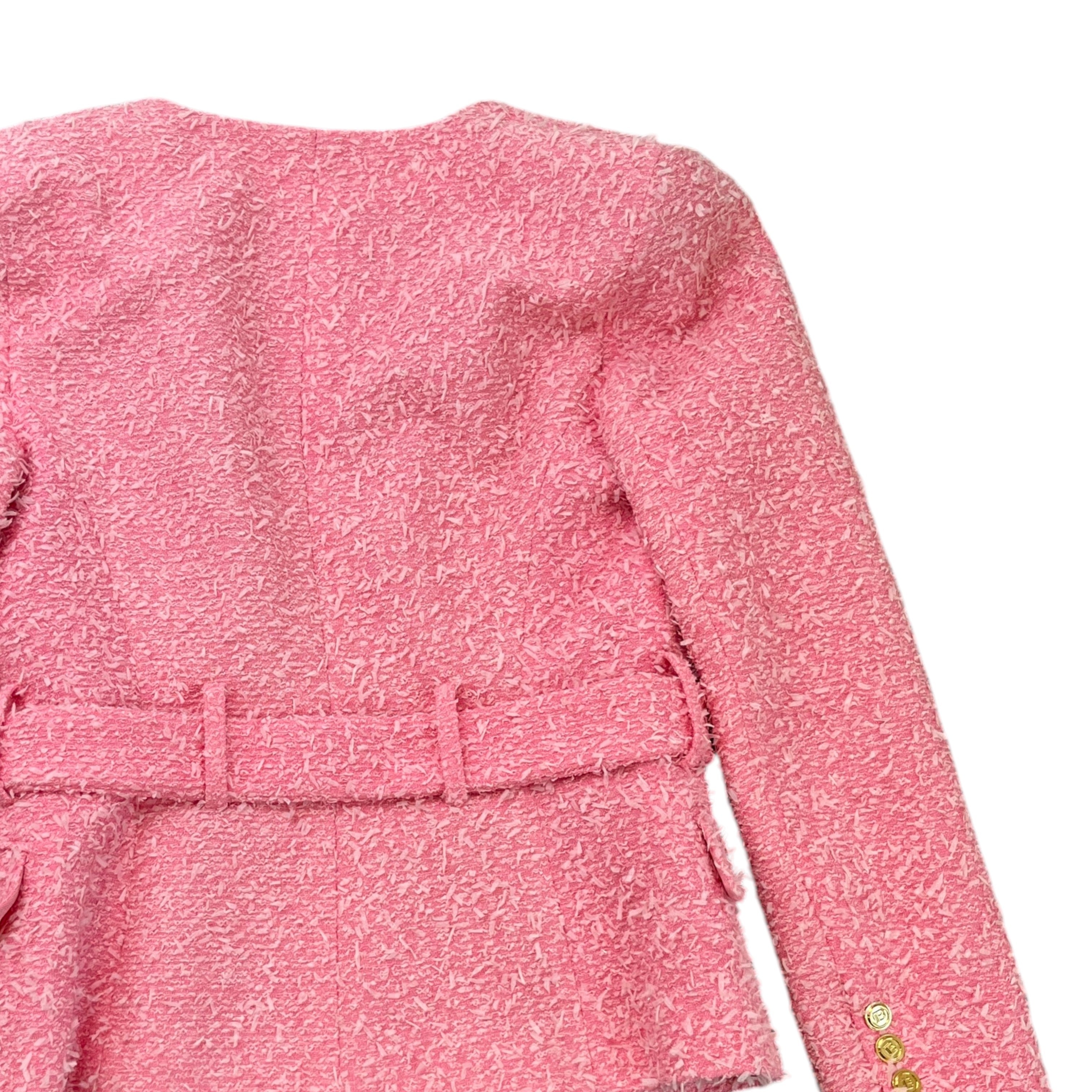 Women's Tweed Collarless Crystal Brooch Logo Jacket Pink Size IT 40 / UK 8