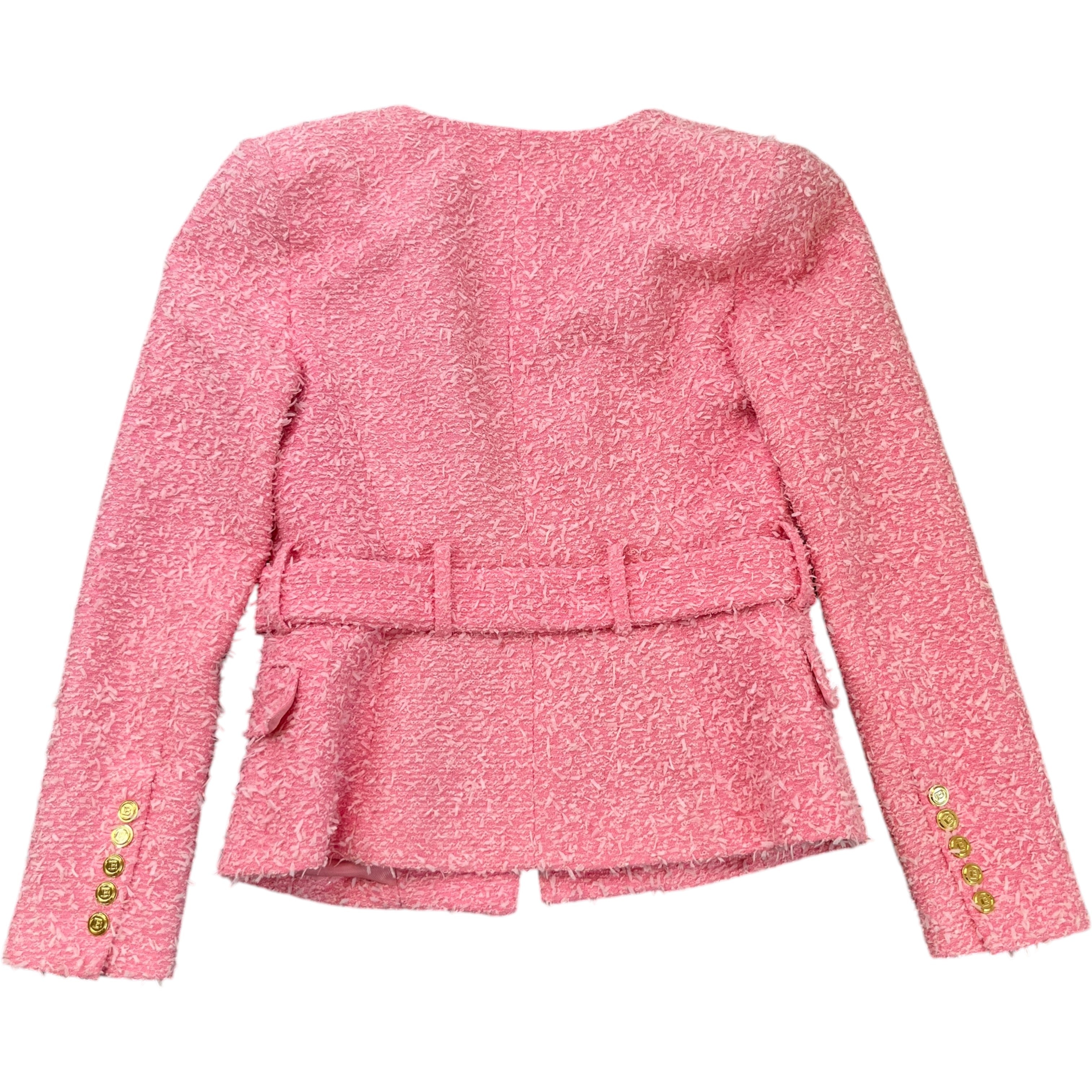 Women's Tweed Collarless Crystal Brooch Logo Jacket Pink Size IT 40 / UK 8