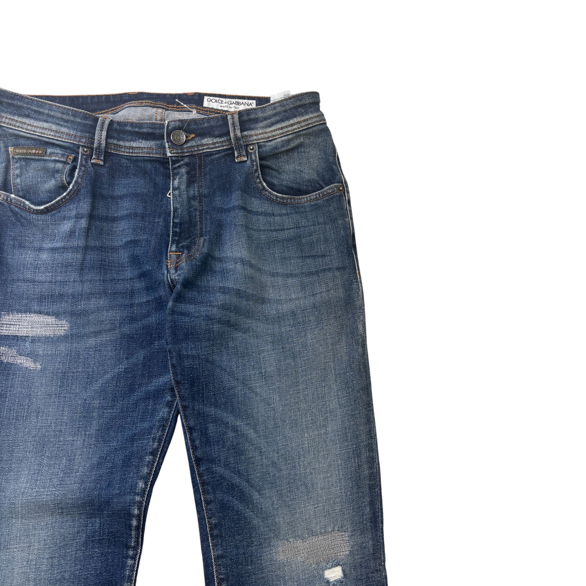 Men's Distressed Plaque Logo Jeans Blue Size Waist 30"