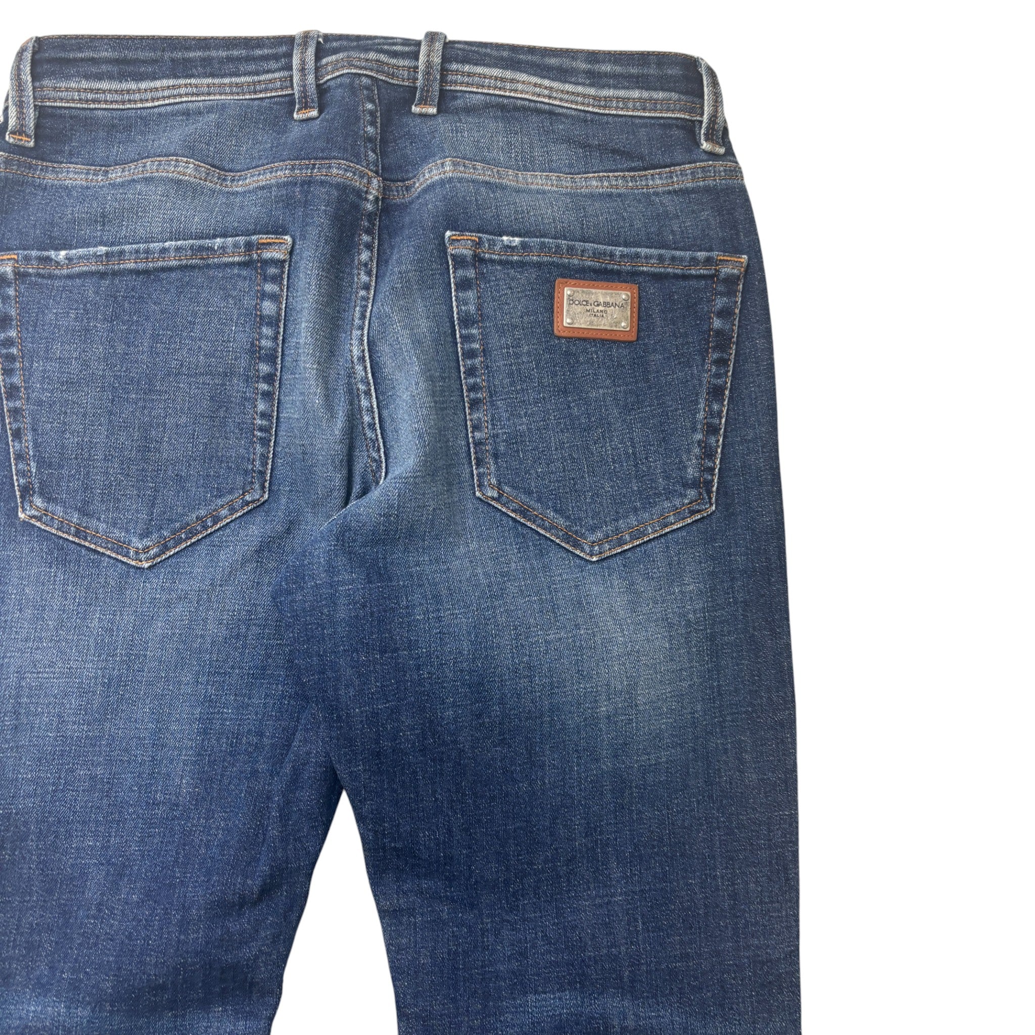 Men's Distressed Plaque Logo Jeans Blue Size Waist 30"