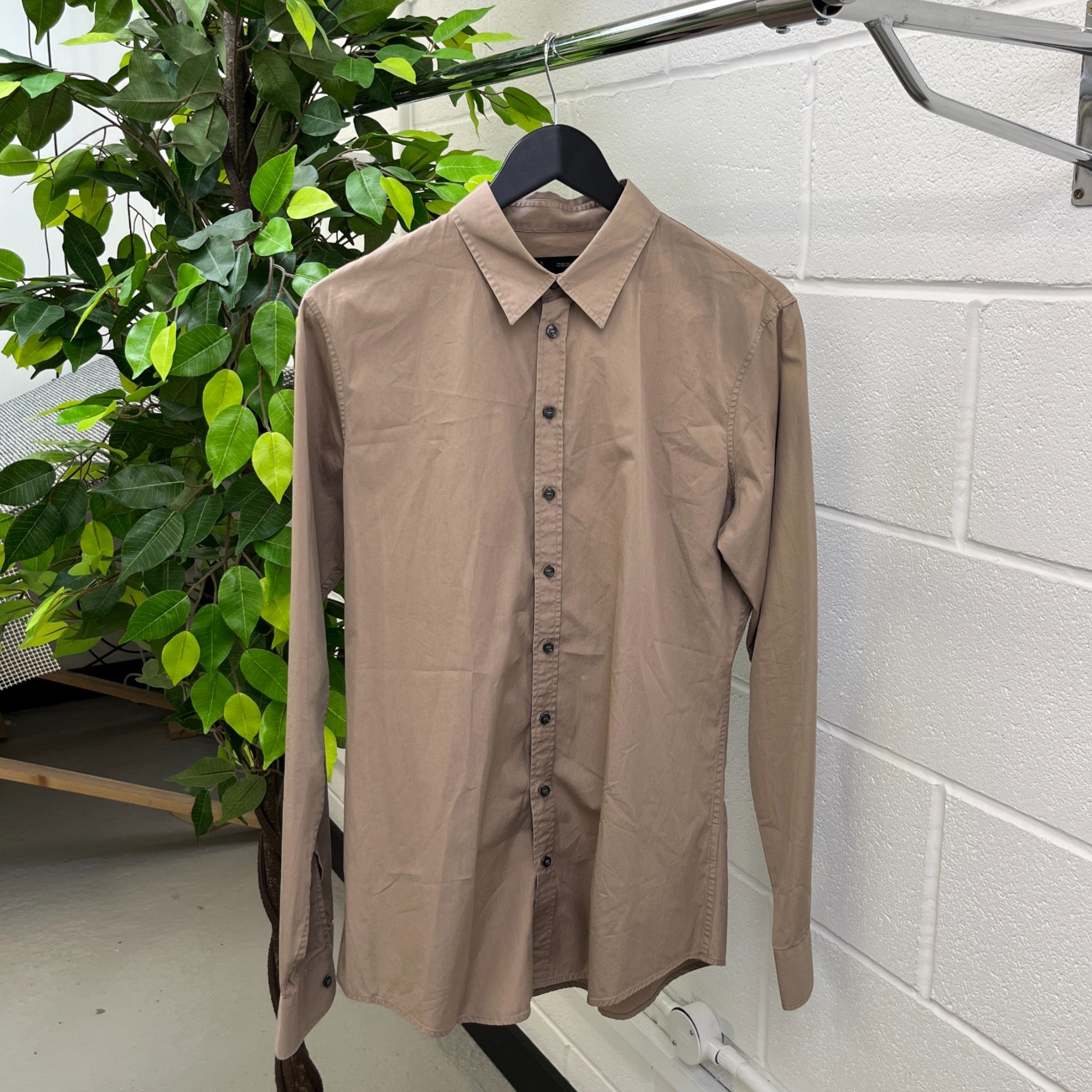 Men's Embroidered Logo Long Sleeve Shirt Beige Size IT 52 / UK XL