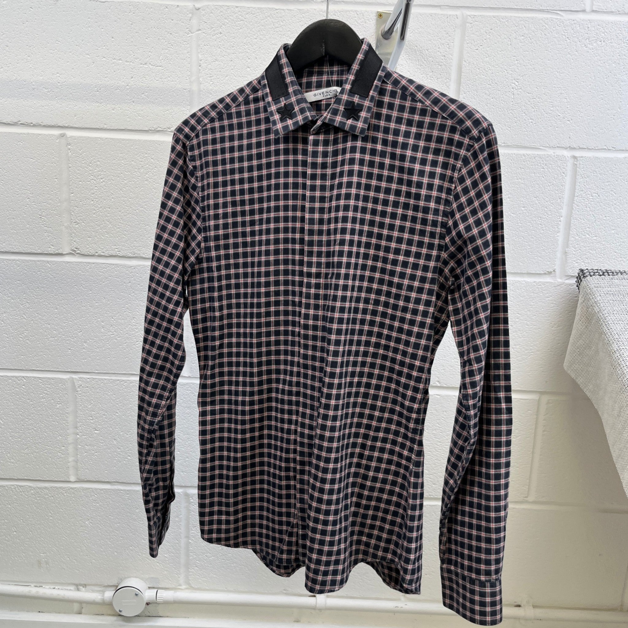 Men's Embroidered Logo Collar Check Long Sleeve Shirt Navy Size S