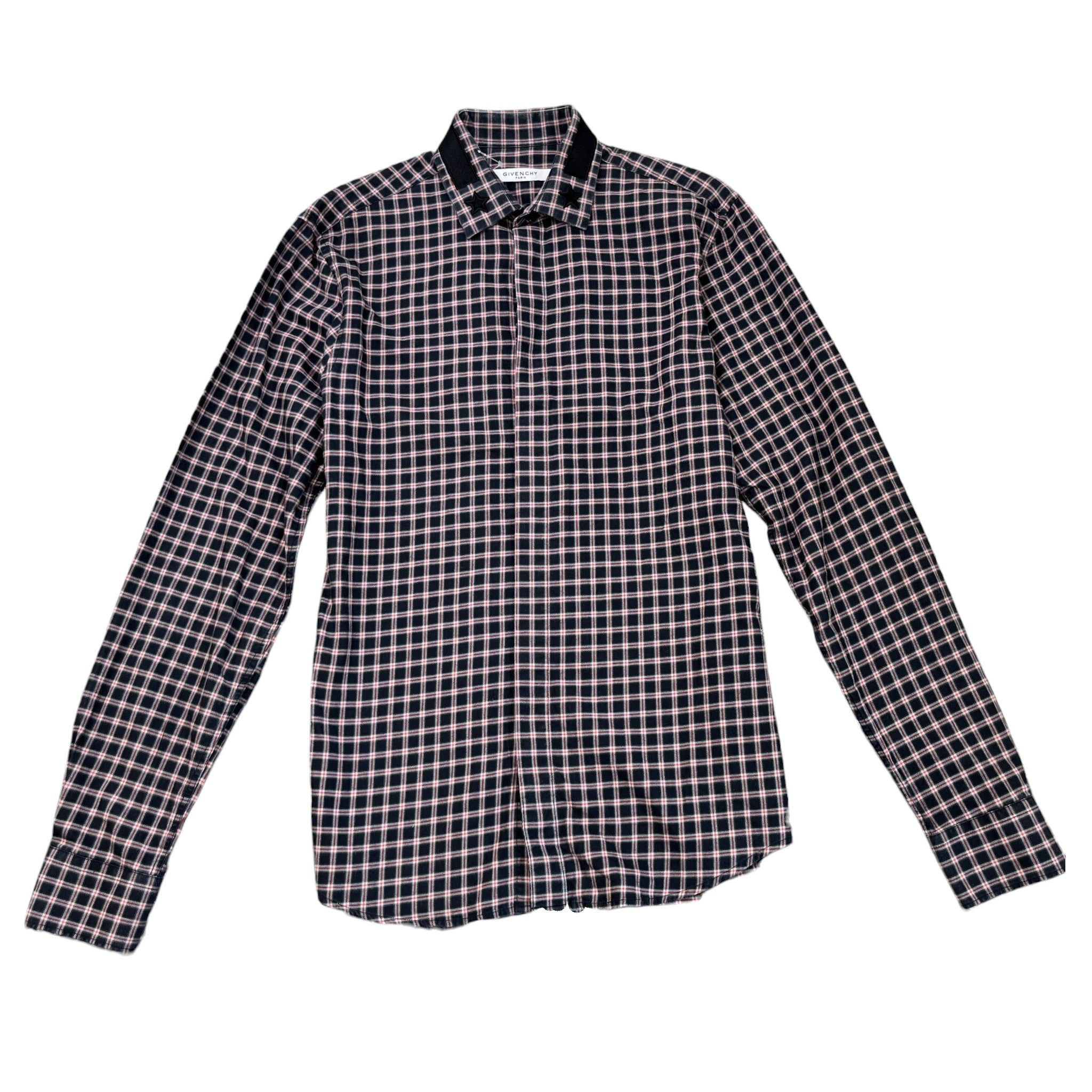 Men's Embroidered Logo Collar Check Long Sleeve Shirt Navy Size S
